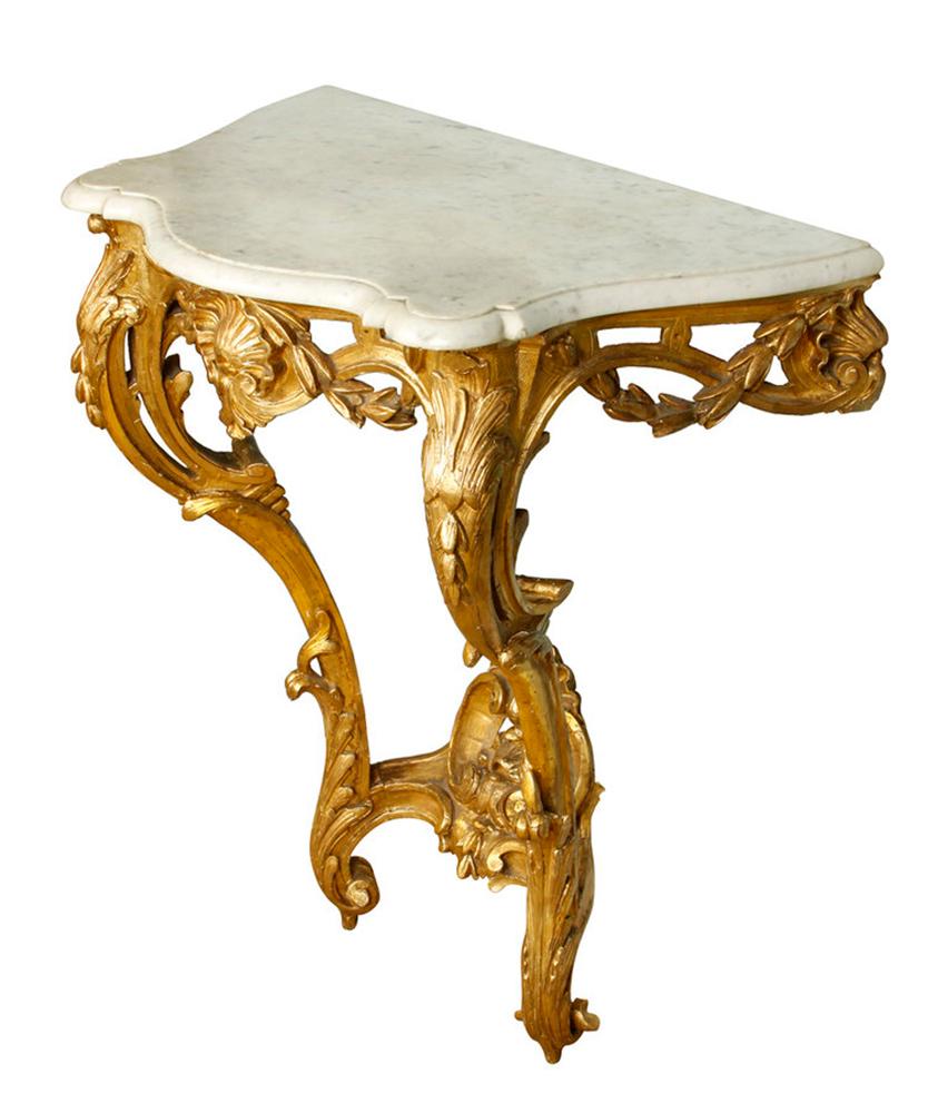 Rococo style gilt marble-top wall mounted console.