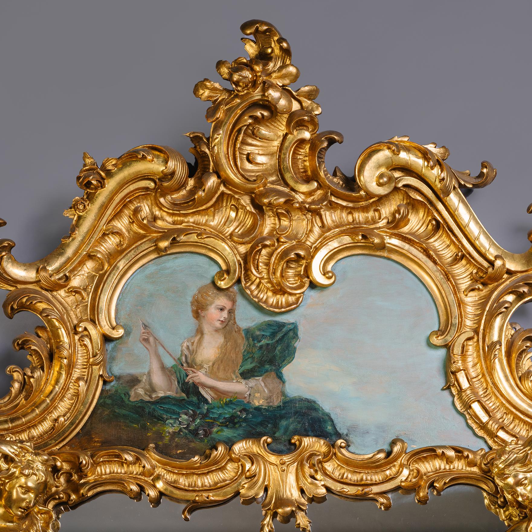 Rococo Revival Rococo Style Giltwood and Painted Trumeau Mirror For Sale