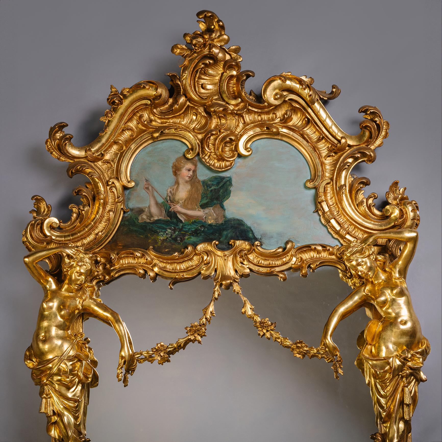 French Rococo Style Giltwood and Painted Trumeau Mirror For Sale