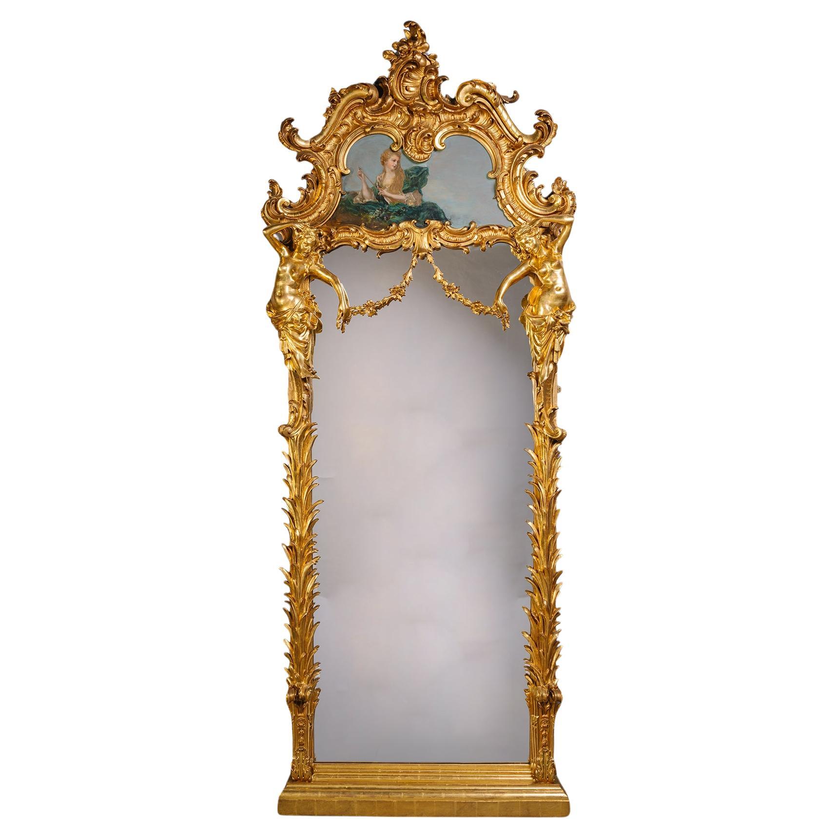 Miroir Trumeau de Style Rococo en Bois Doré et Peint