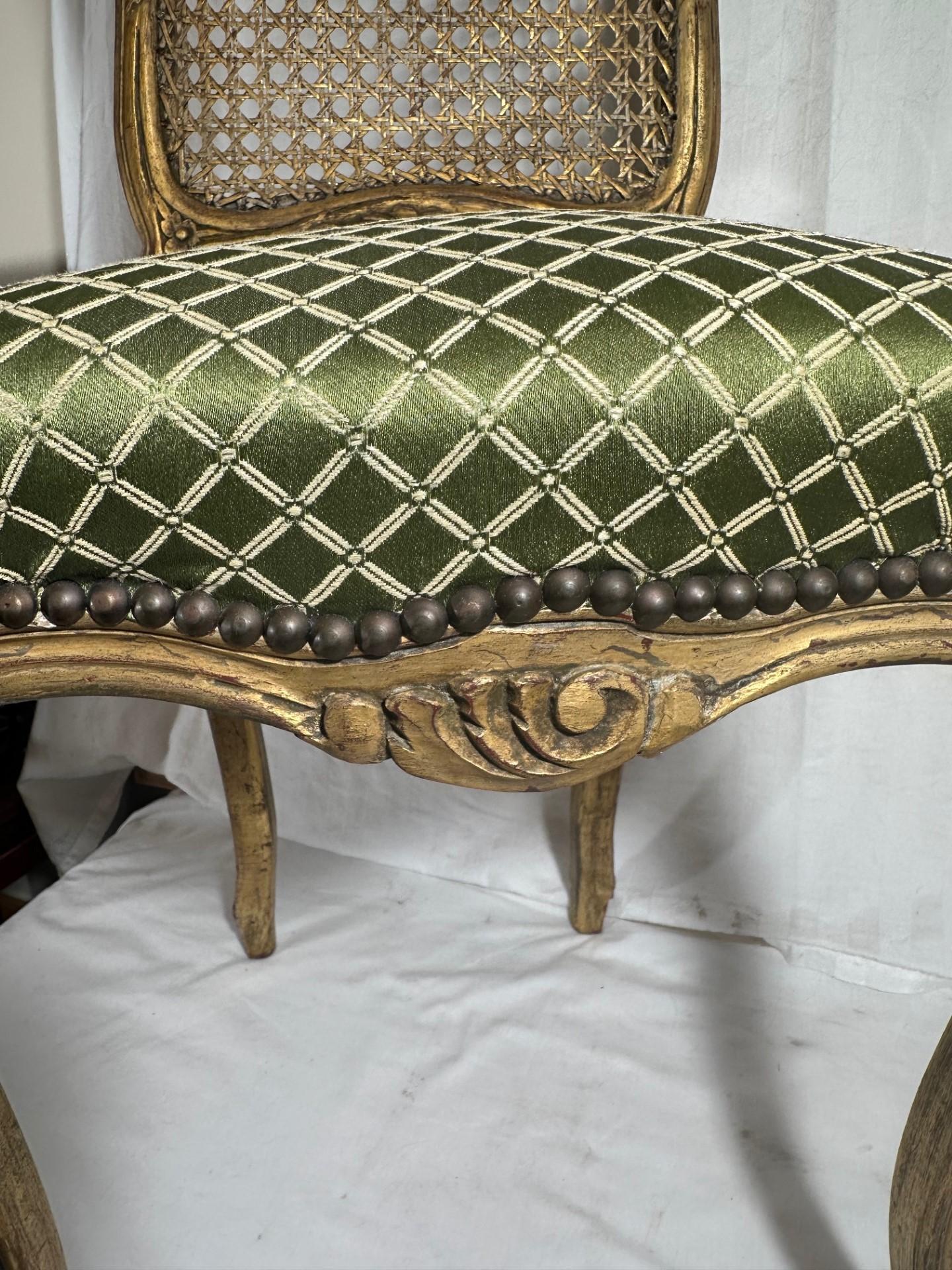 French Rococo Style Giltwood Cane Chair with Upholstered Seat, Side Chair.y For Sale