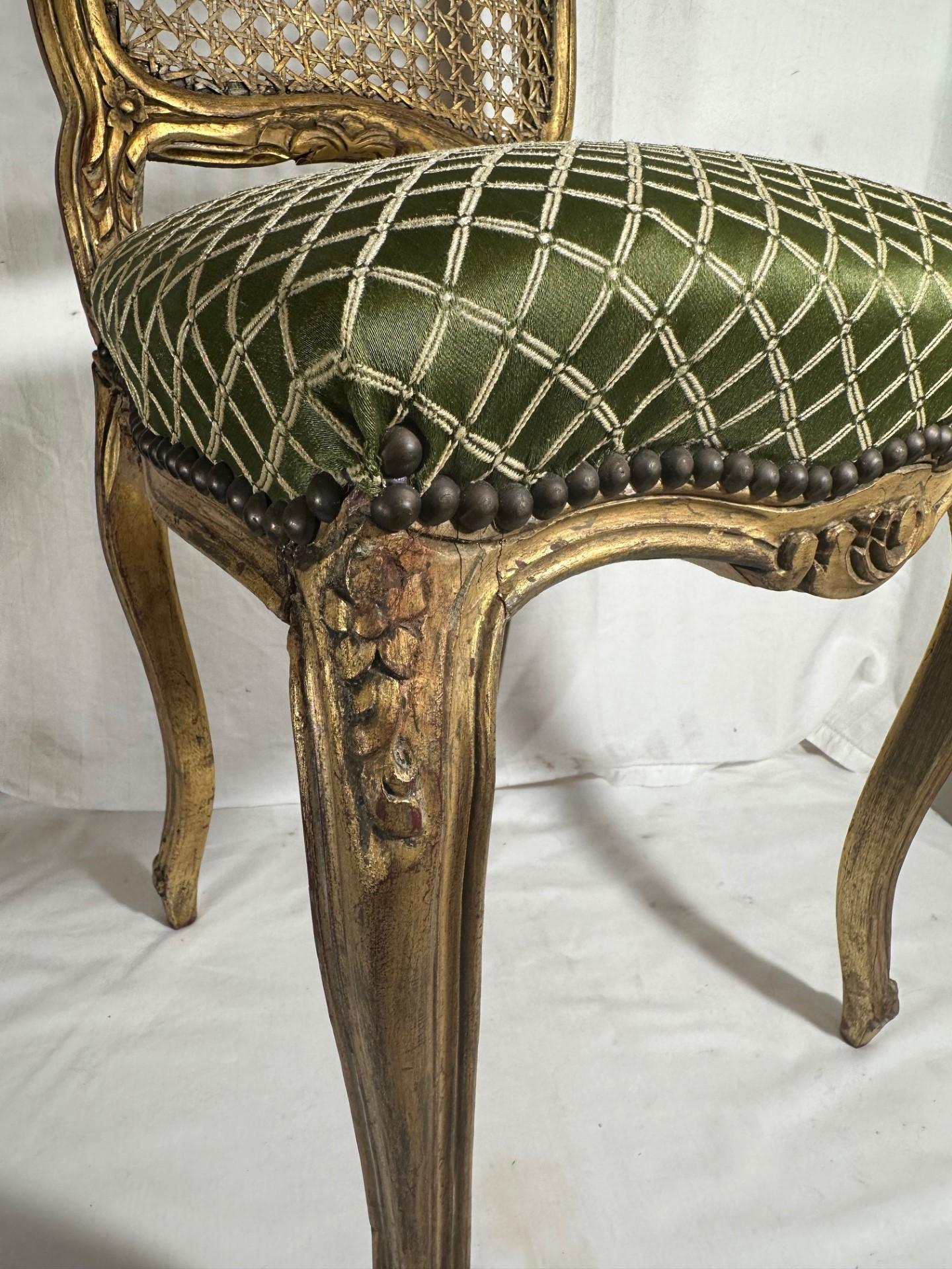 Caning Rococo Style Giltwood Cane Chair with Upholstered Seat, Side Chair.y For Sale