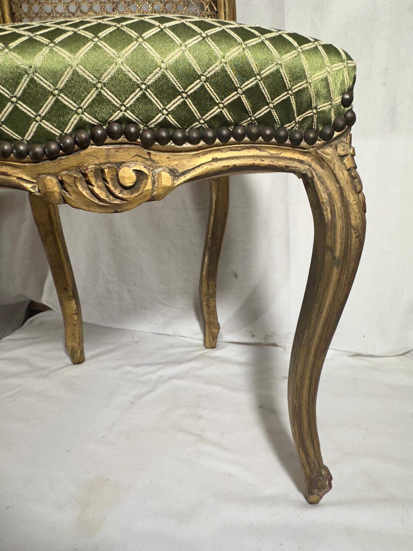 20th Century Rococo Style Giltwood Cane Chair with Upholstered Seat, Side Chair.y For Sale