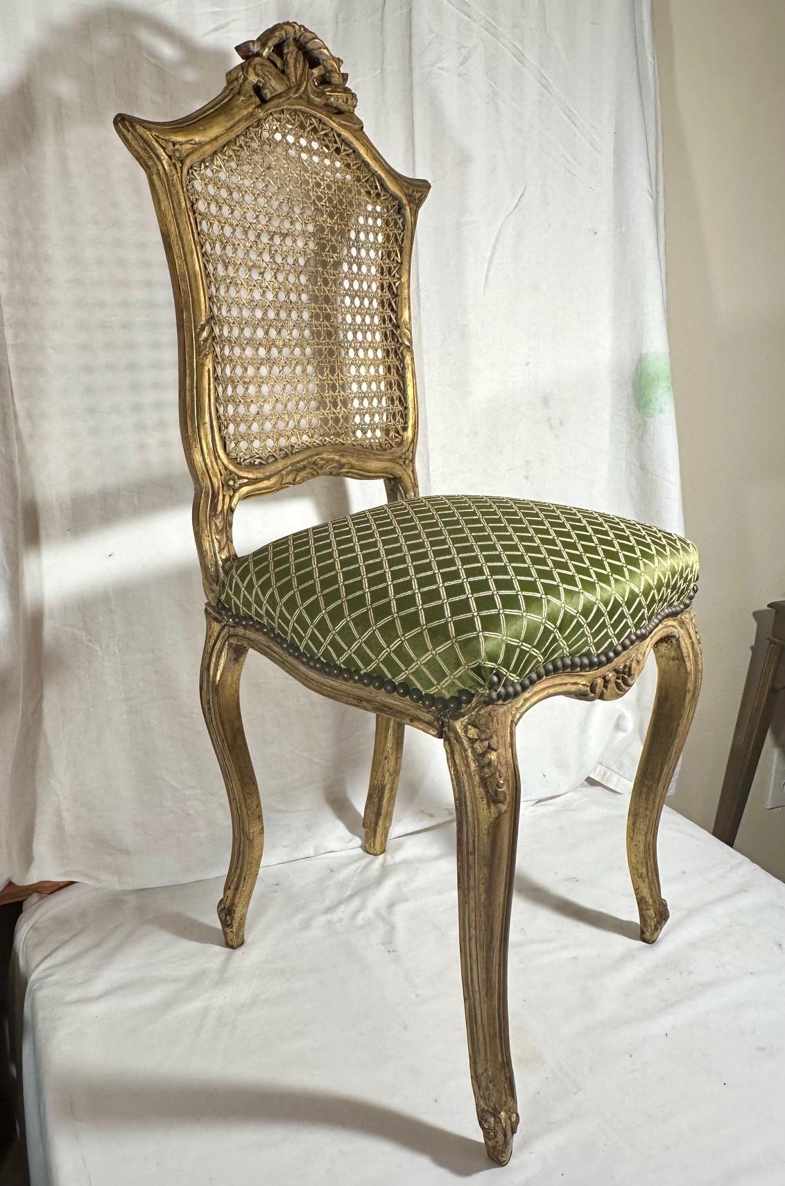 Rococo Style Giltwood Cane Chair with Upholstered Seat, Side Chair.y For Sale 1