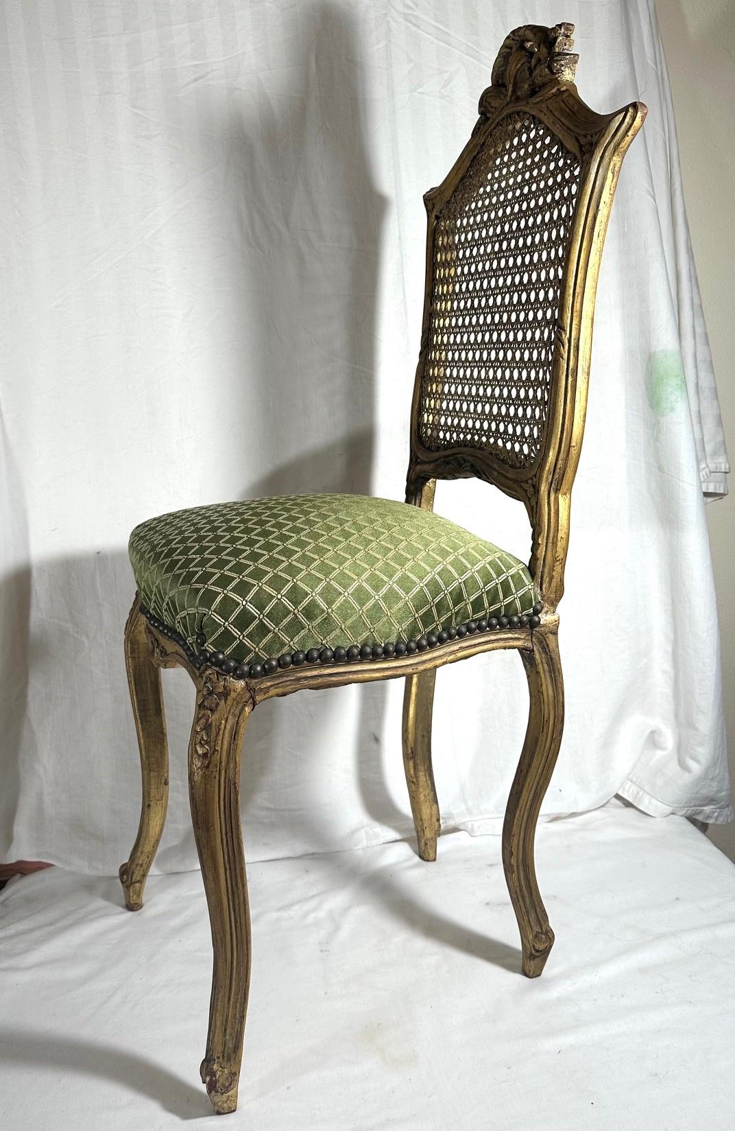 Rococo Style Giltwood Cane Chair with Upholstered Seat, Side Chair.y For Sale 2