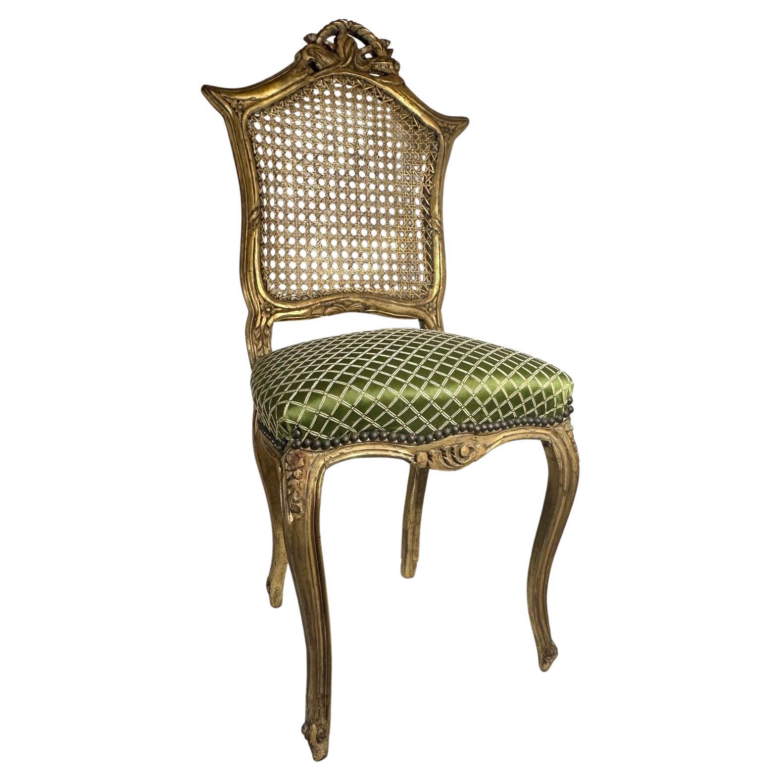 Rococo Style Giltwood Cane Chair with Upholstered Seat, Side Chair.y For Sale