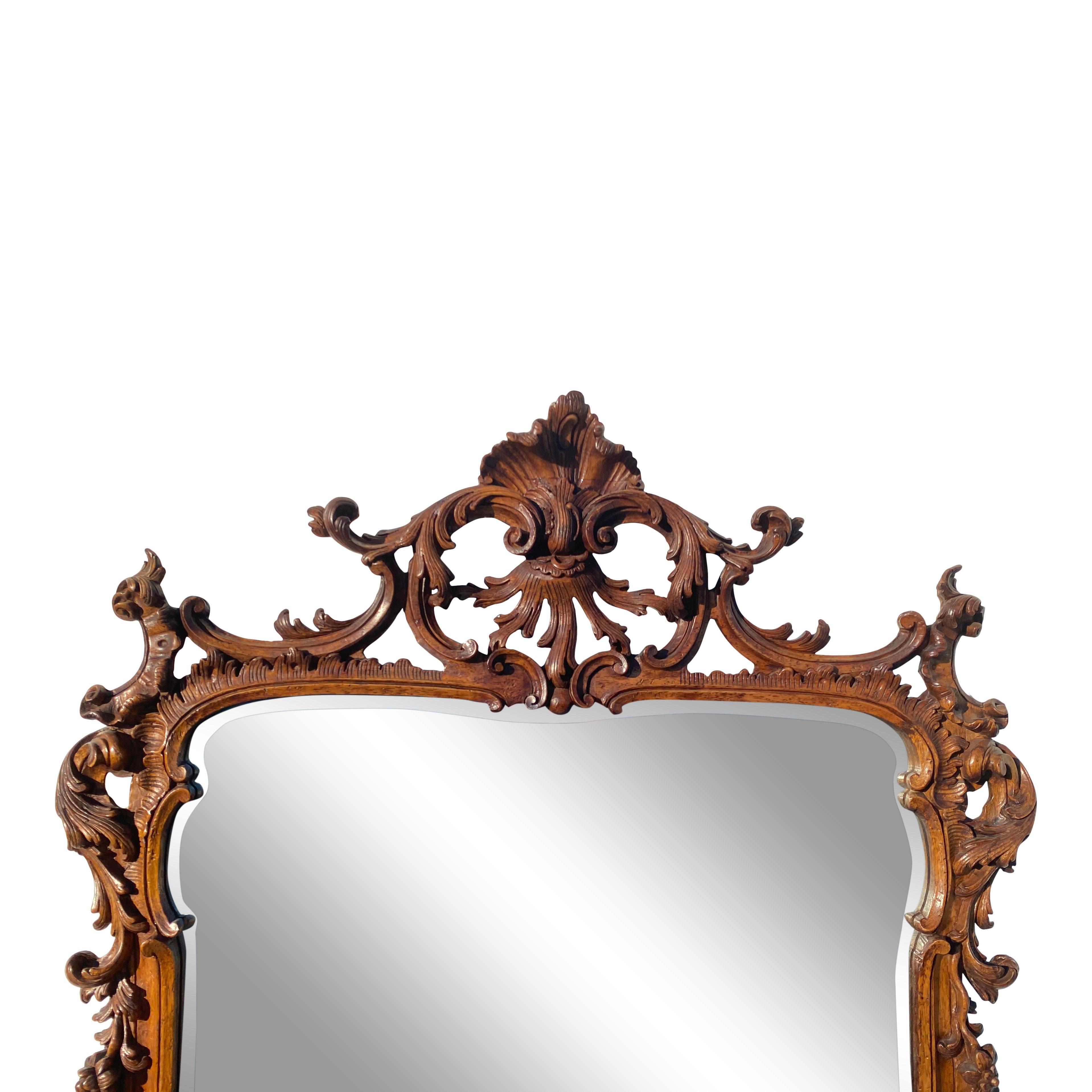 Italian Rococo Style Hand Carved Walnut Mirror For Sale