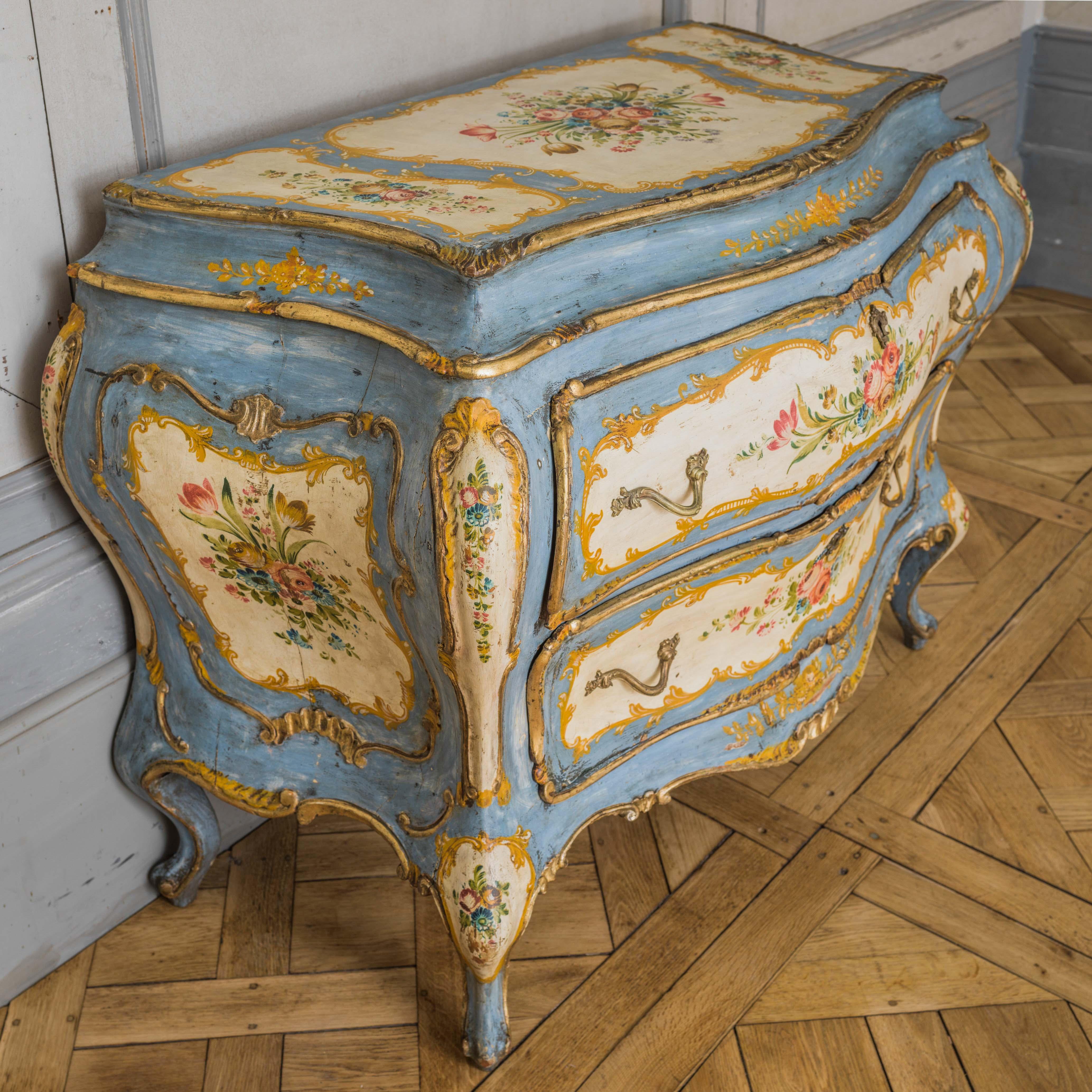 20th Century Rococo Style Hand Painted Venetian Bombe Chest of Drawers, Early 1900's
