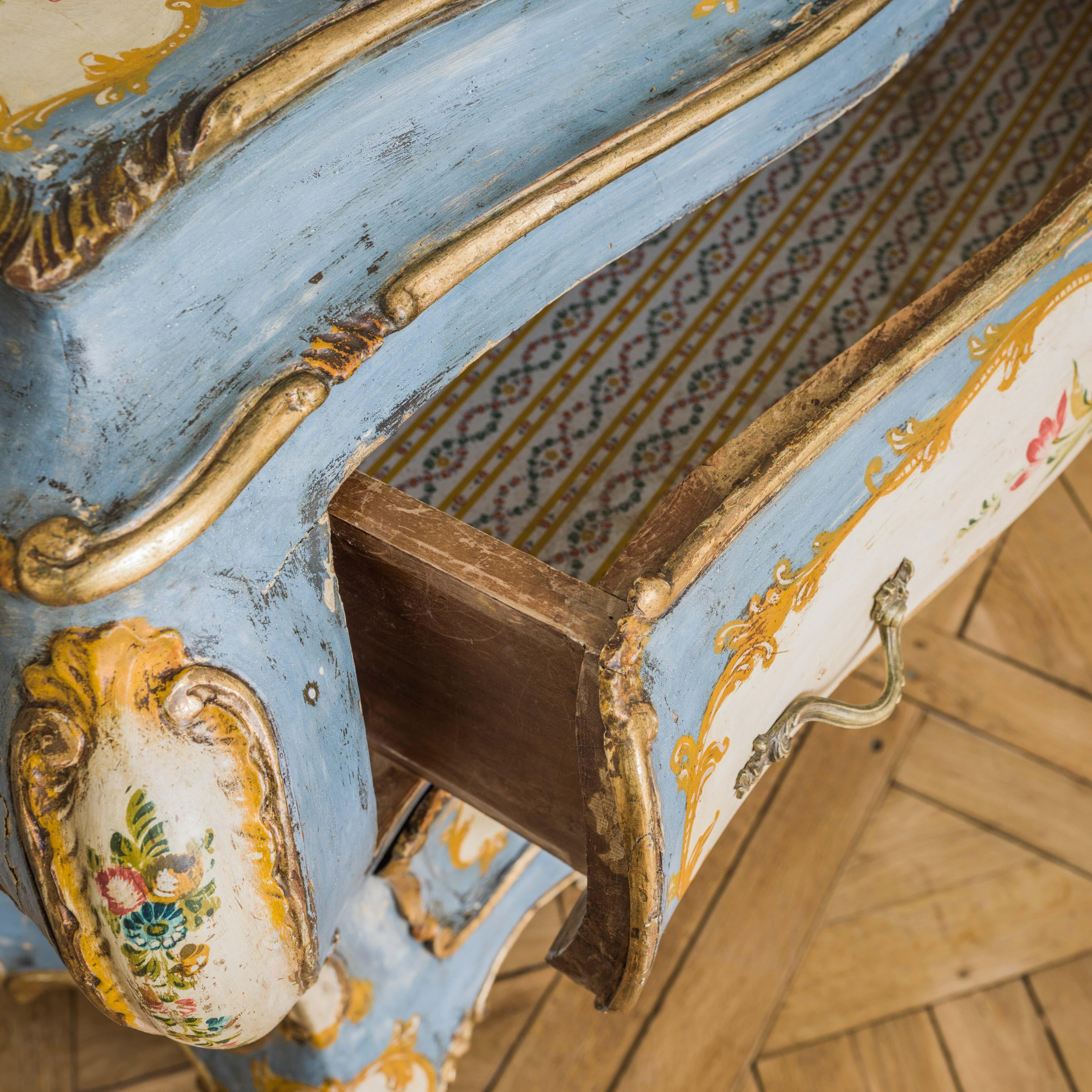 Wood Rococo Style Hand Painted Venetian Bombe Chest of Drawers, Early 1900's