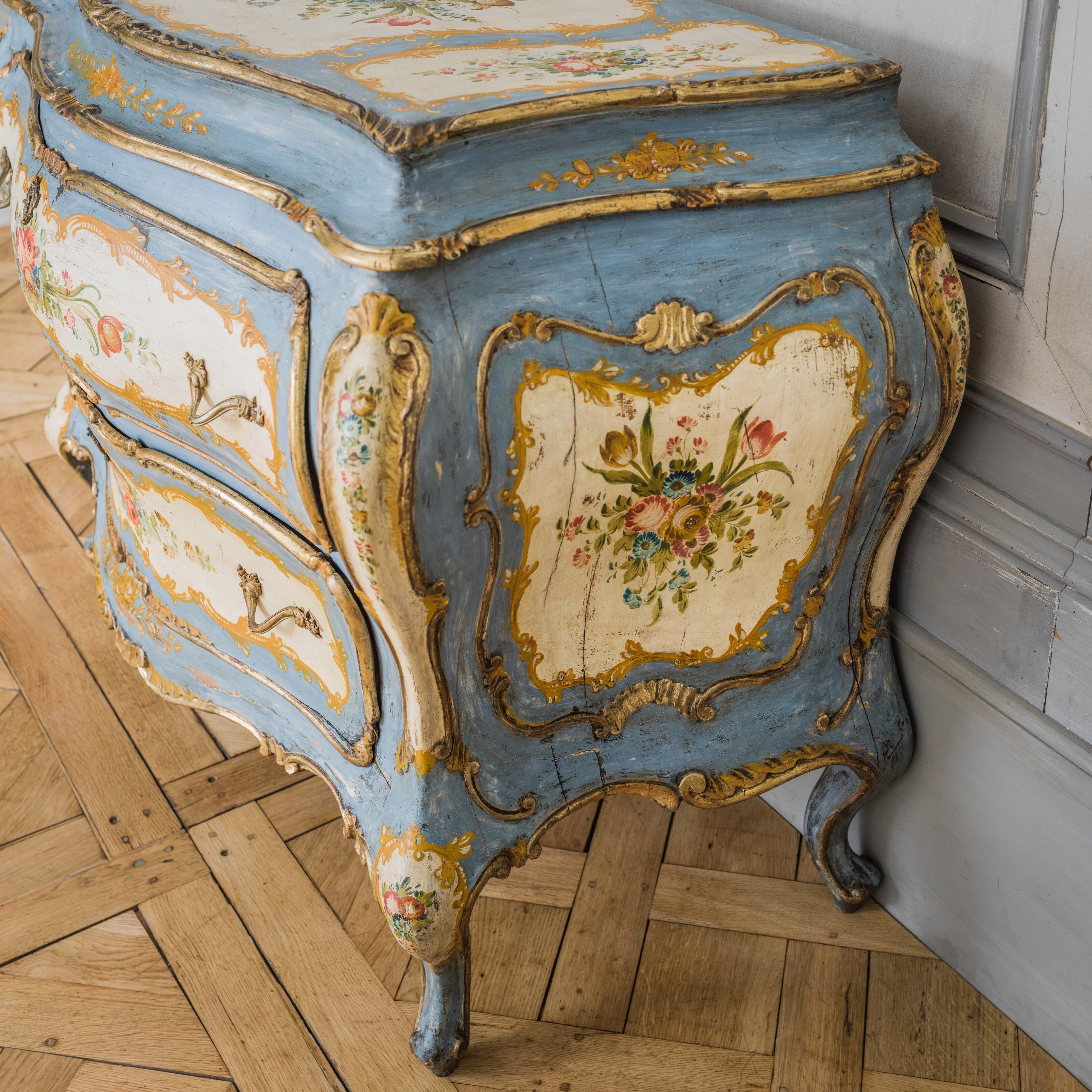 Rococo Style Hand Painted Venetian Bombe Chest of Drawers, Early 1900's 1