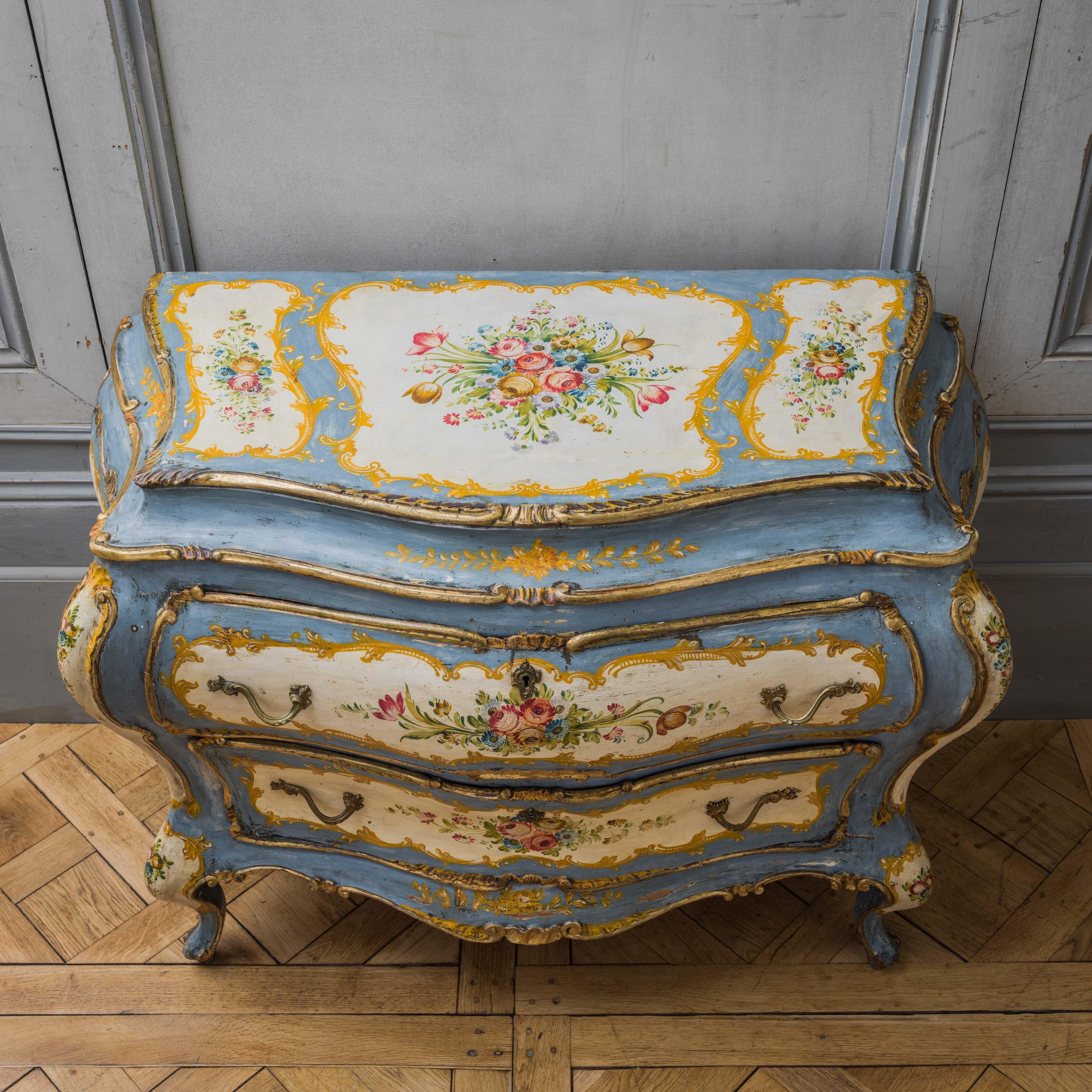 Rococo Style Hand Painted Venetian Bombe Chest of Drawers, Early 1900's 2