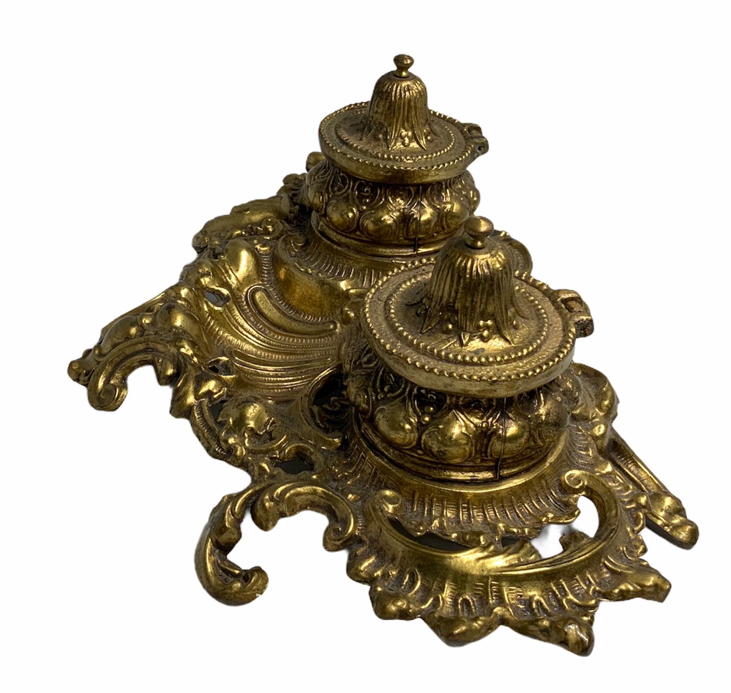 Embossed Rococo Style Heavy Bronze Inkwell For Sale