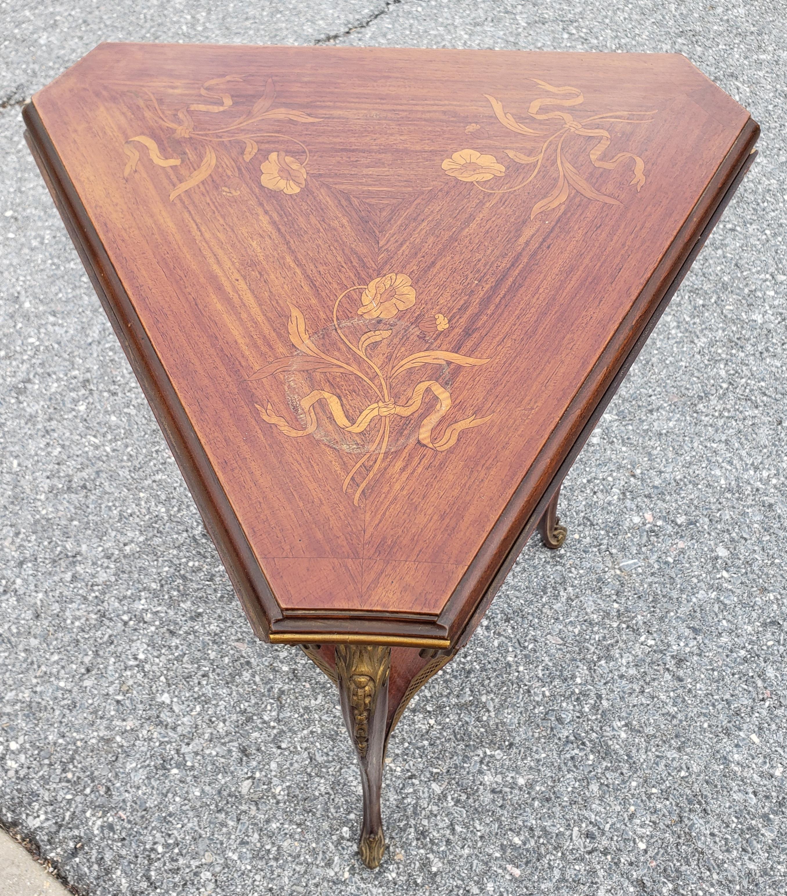 Rococo Revival Rococo Style Marquetry Fruitwood & Gilt Metal Mounted Triangular Drop Leaf Table For Sale