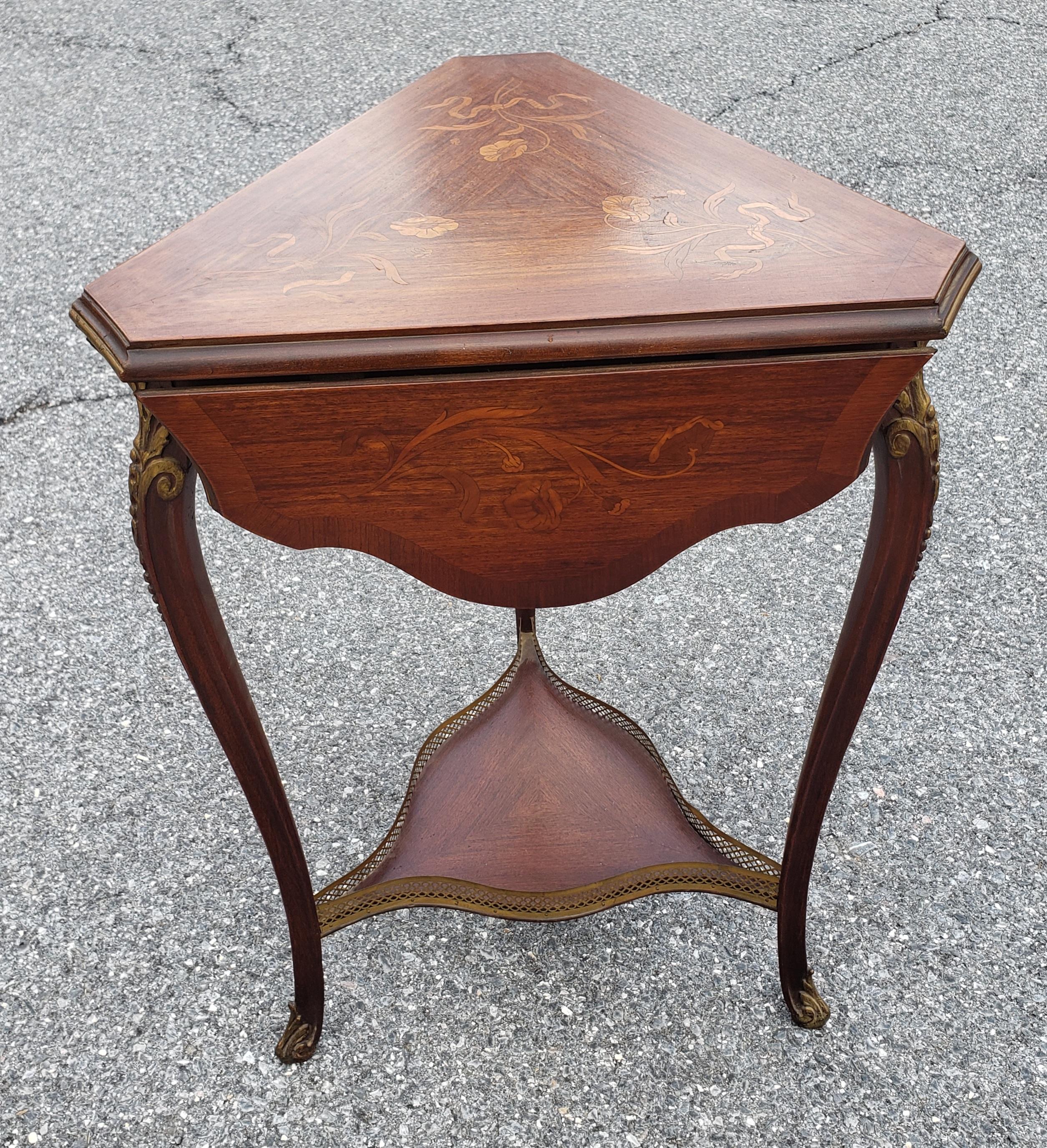 French Rococo Style Marquetry Fruitwood & Gilt Metal Mounted Triangular Drop Leaf Table For Sale
