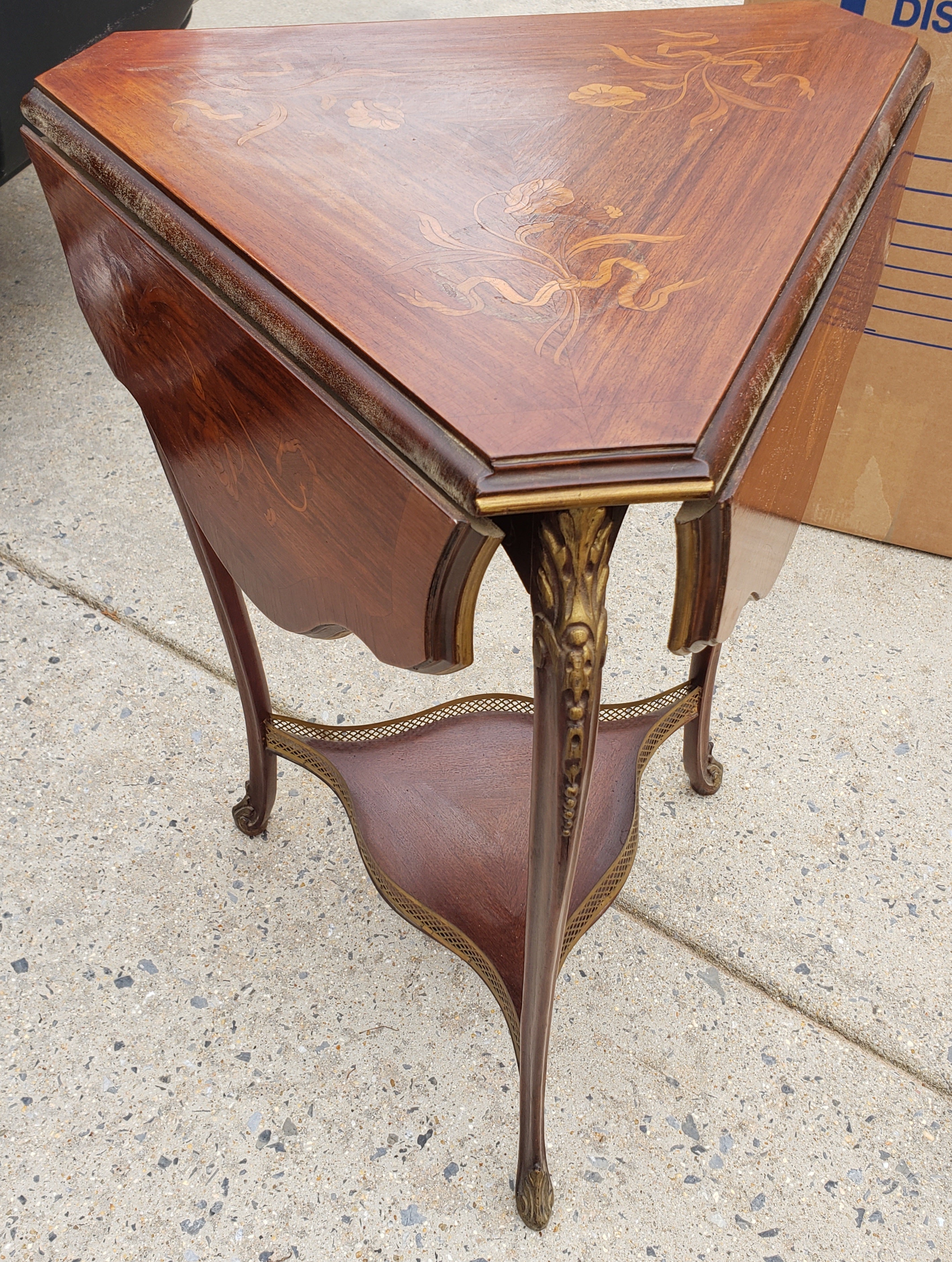 Brass Rococo Style Marquetry Fruitwood & Gilt Metal Mounted Triangular Drop Leaf Table For Sale