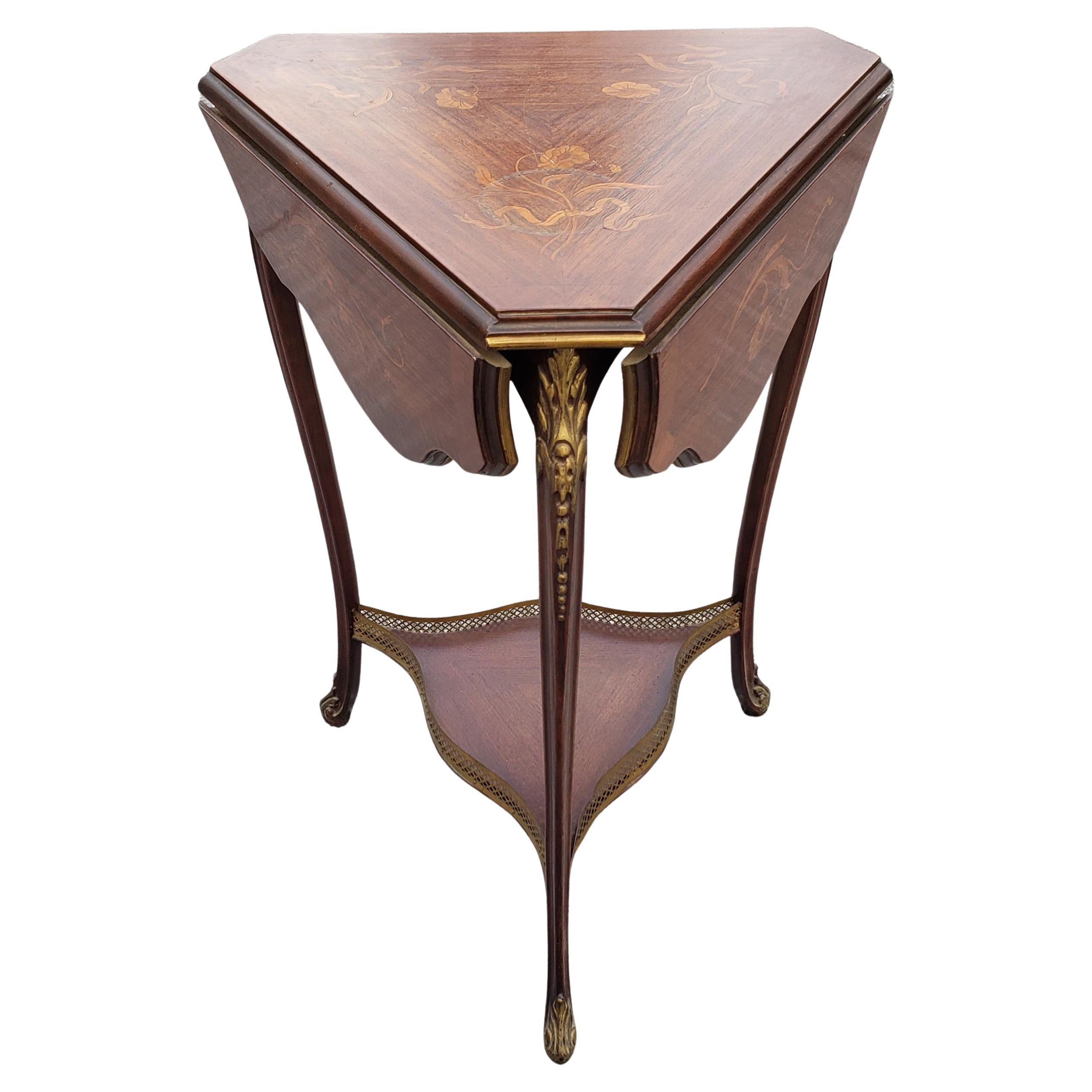 Rococo Style Marquetry Fruitwood & Gilt Metal Mounted Triangular Drop Leaf Table For Sale