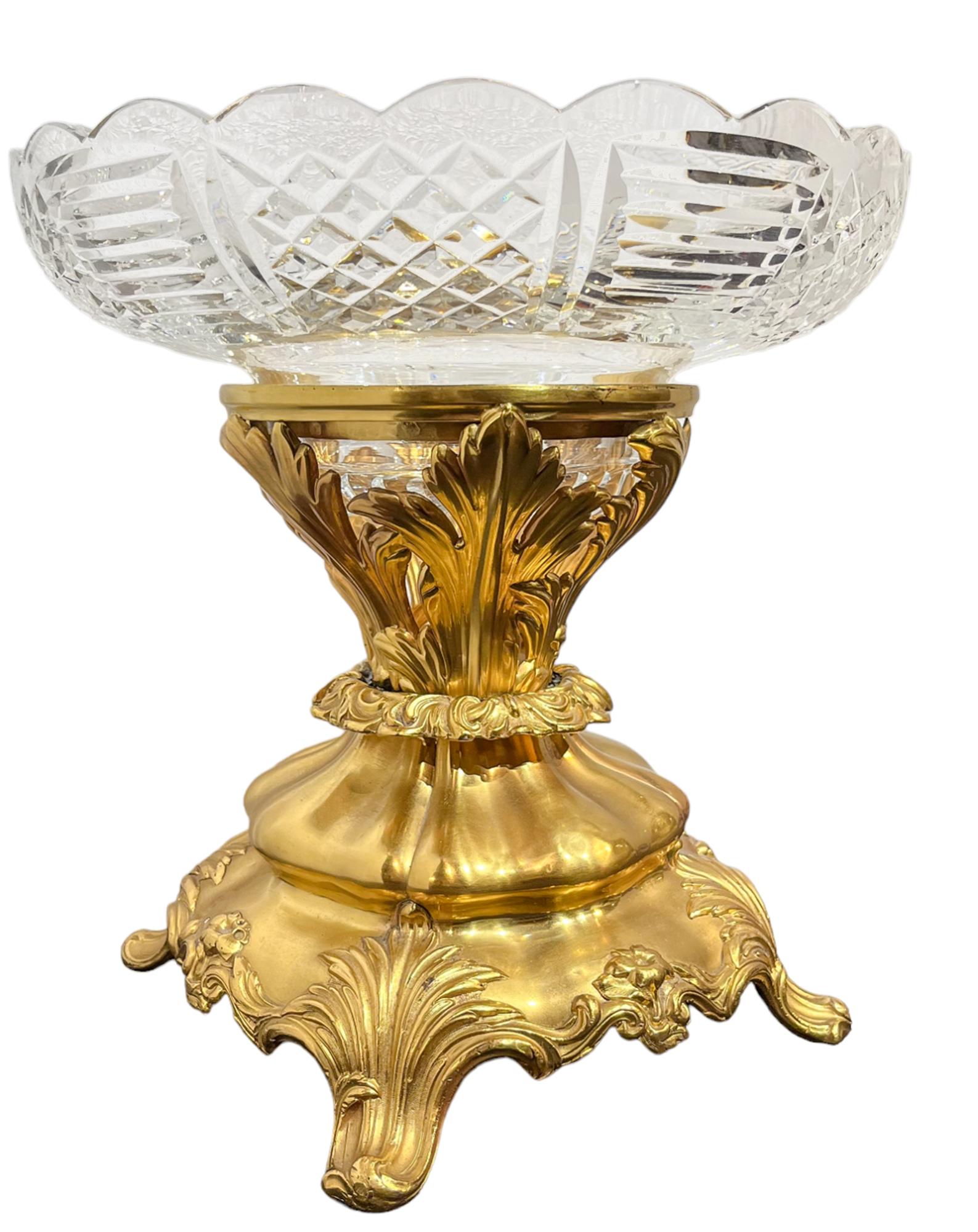 Ornate glass bowl centerpiece with with gilt metal base. The glass is intricately cut with a with a lattice design, with bases ornamented with curving, natural, forms inspired by foliage. 

Origin: French
Date: 19th century
Dimension: 10 1/2 in. x