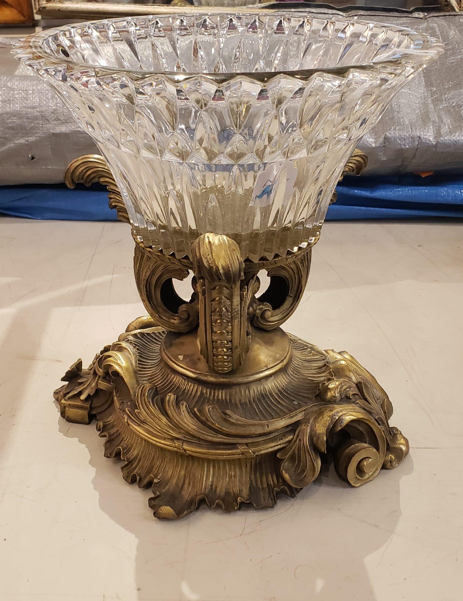 20th Century Rococo Style Molded Glass Mounted Patinated Metal and Brass Centerpiece For Sale