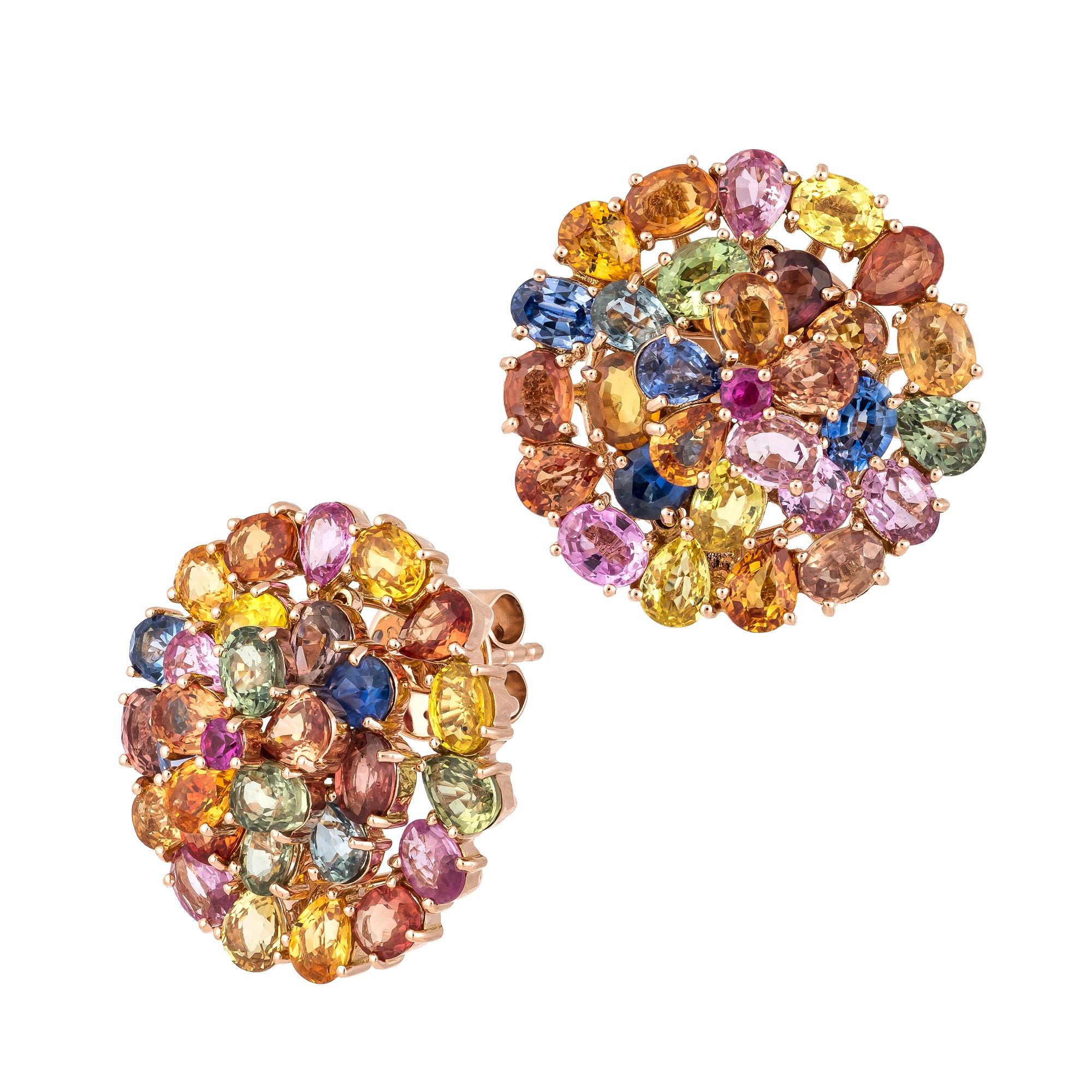Modern Rococo Style Multi Sapphire RubyStud Earrings 18 K Pink Gold for Her For Sale