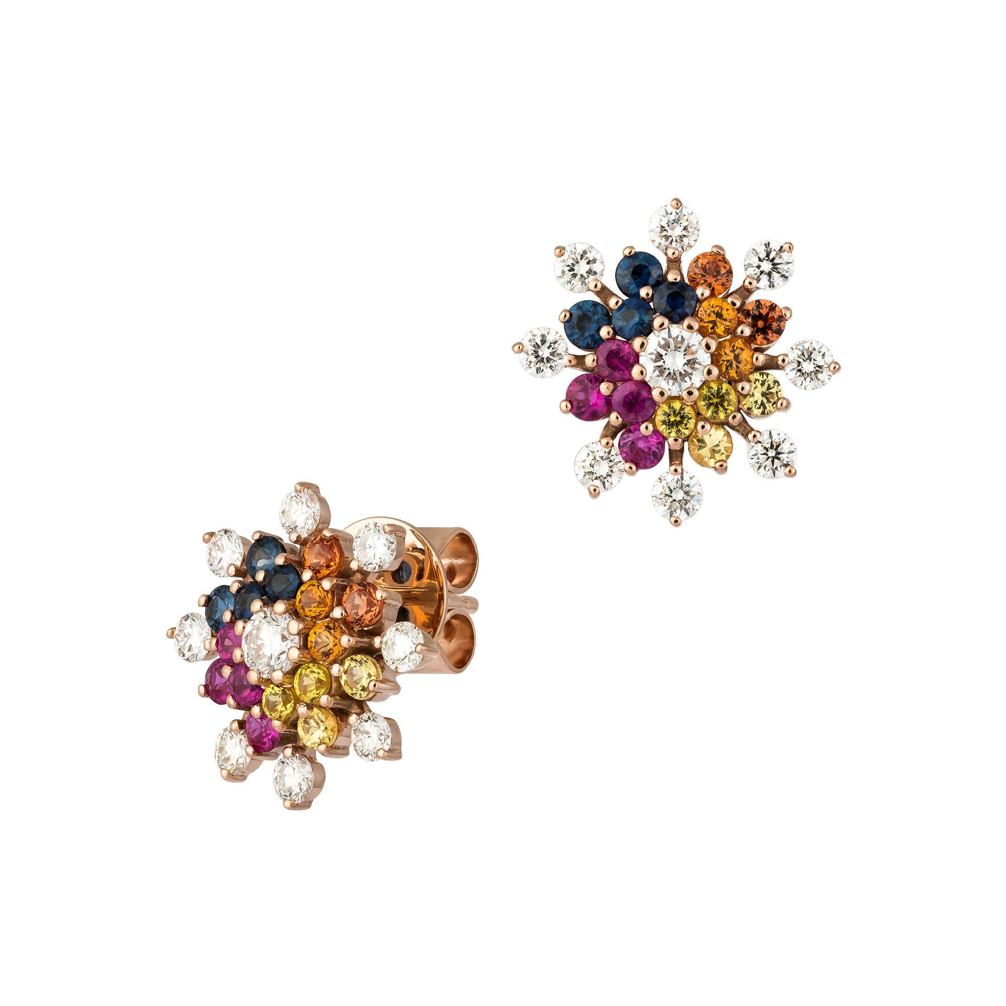 Modern Rococo Style Multi Sapphire RubyStud Earrings 18 K Pink Gold for Her For Sale