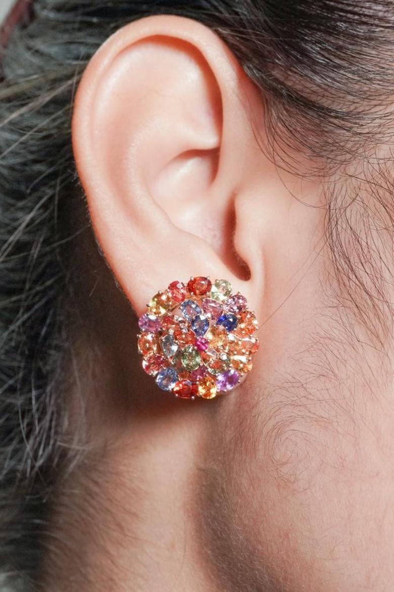 Women's Rococo Style Multi Sapphire RubyStud Earrings 18 K Pink Gold for Her For Sale