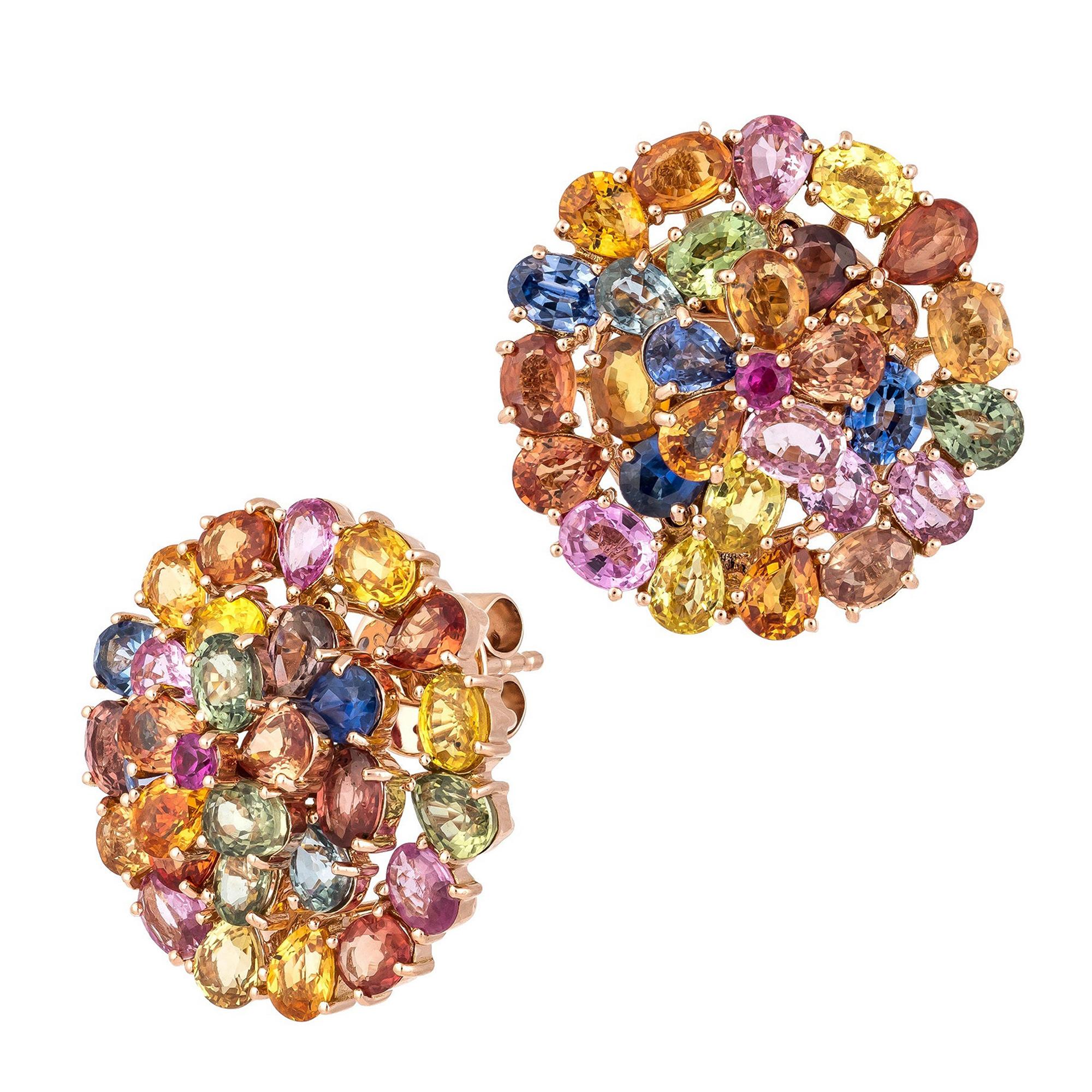 Rococo Style Multi Sapphire RubyStud Earrings 18 K Pink Gold for Her For Sale