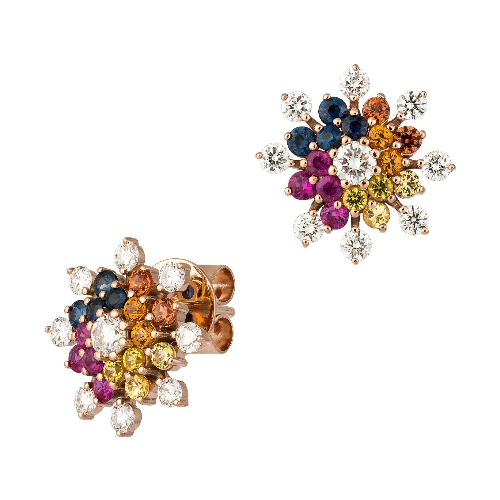 Rococo Style Multi Sapphire RubyStud Earrings 18 K Pink Gold for Her