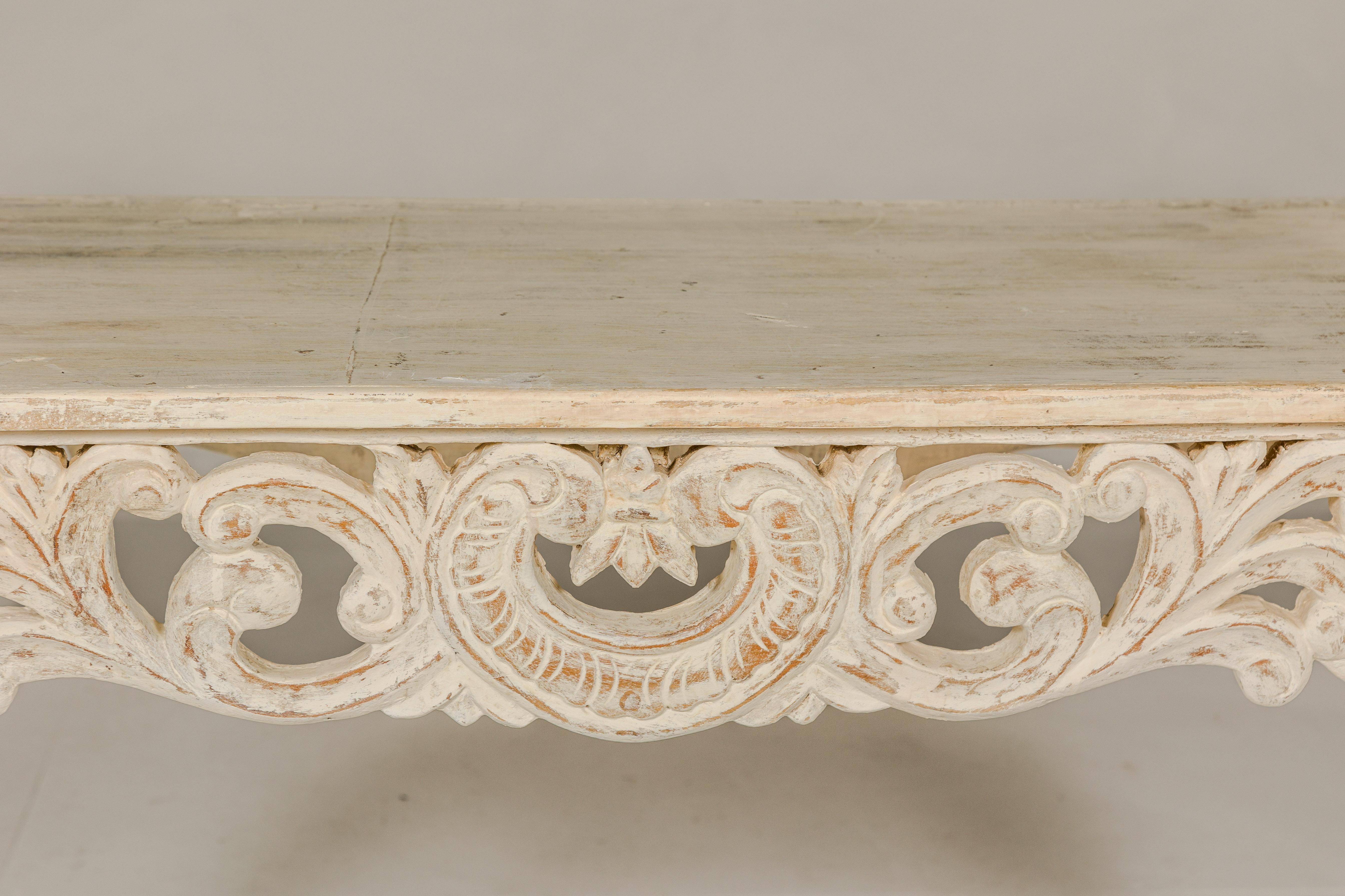 Rococo Style Painted Console Table with Carved Apron and Distressed Finish For Sale 5