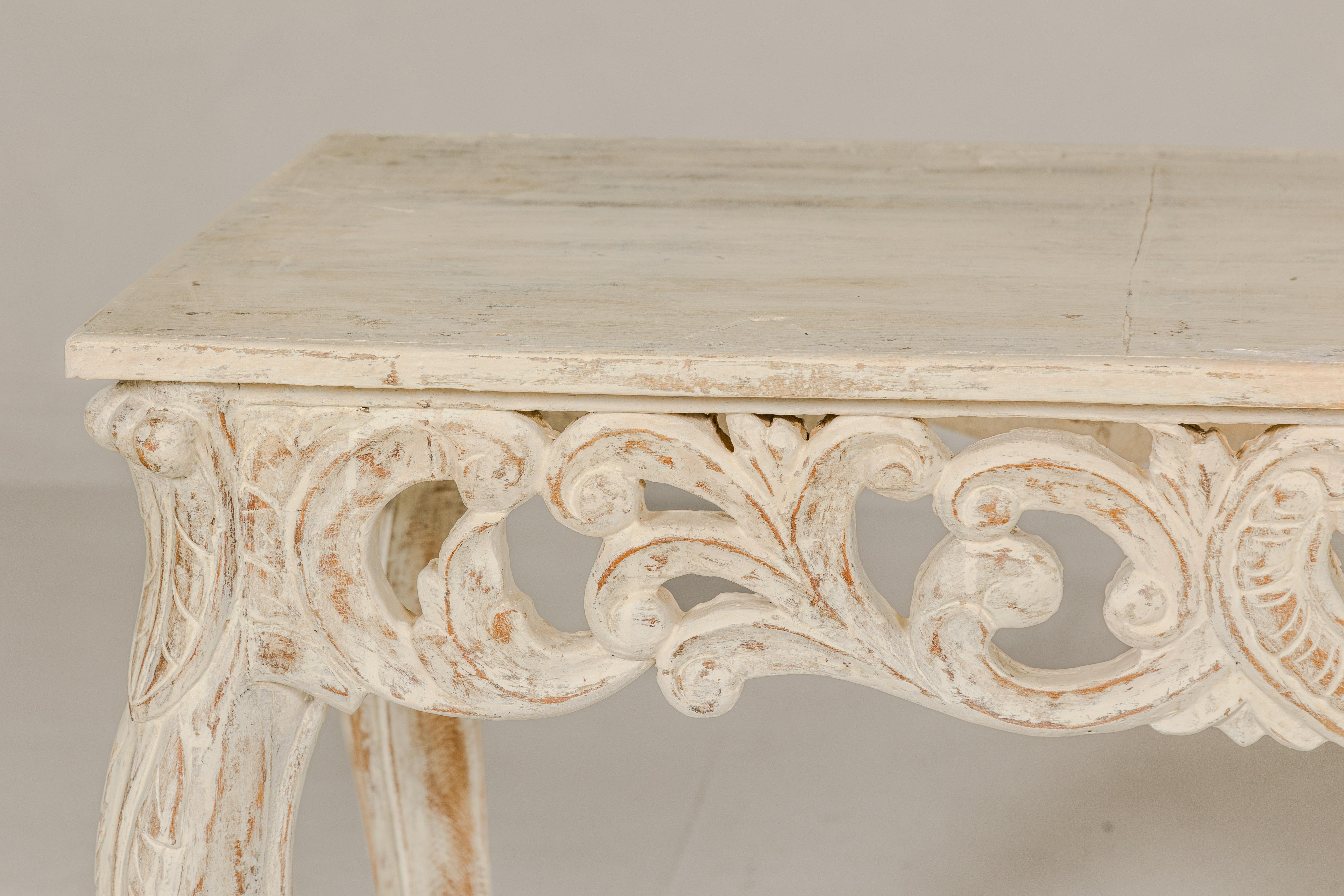 Rococo Style Painted Console Table with Carved Apron and Distressed Finish For Sale 6