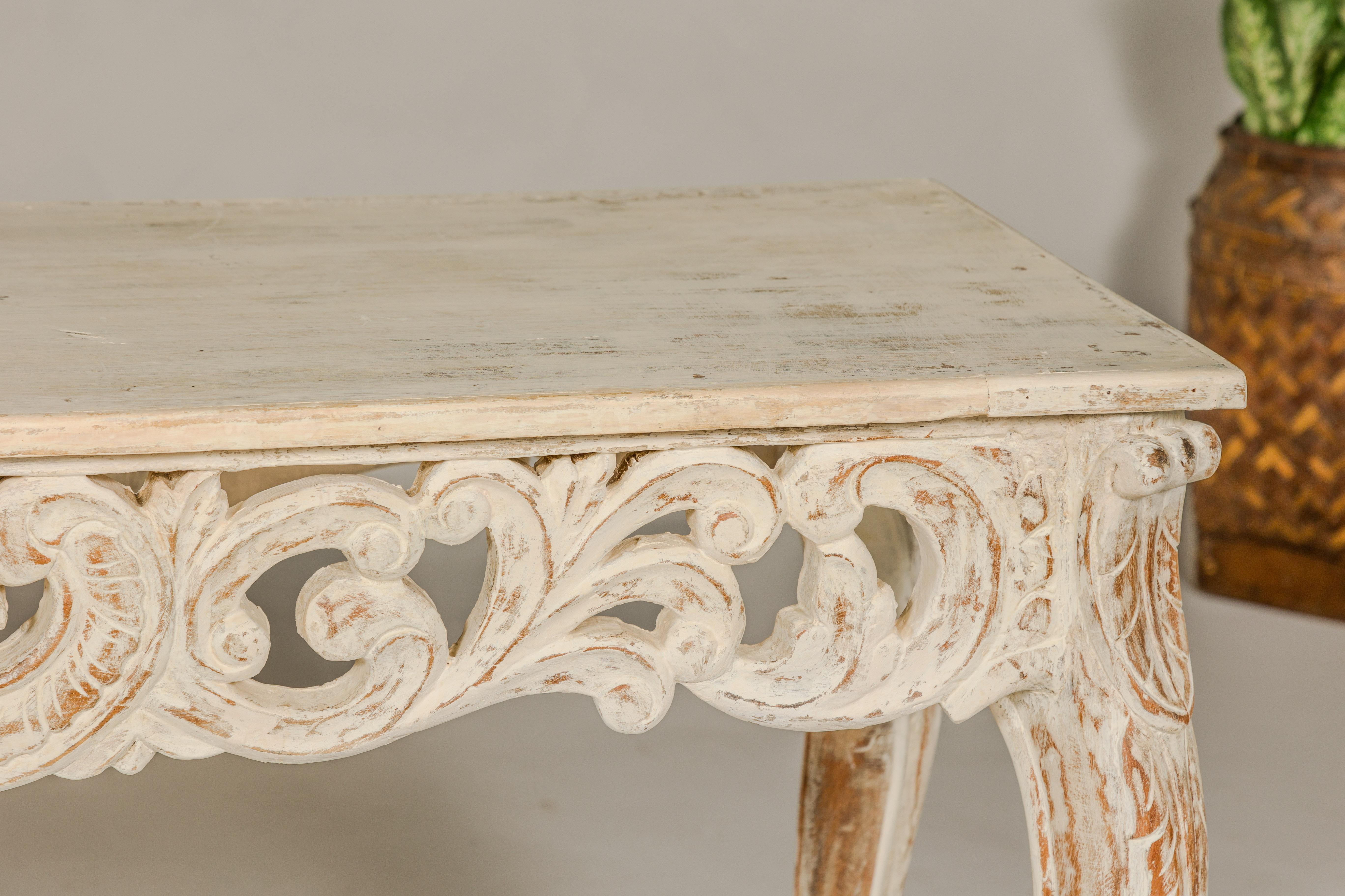 Rococo Style Painted Console Table with Carved Apron and Distressed Finish For Sale 8