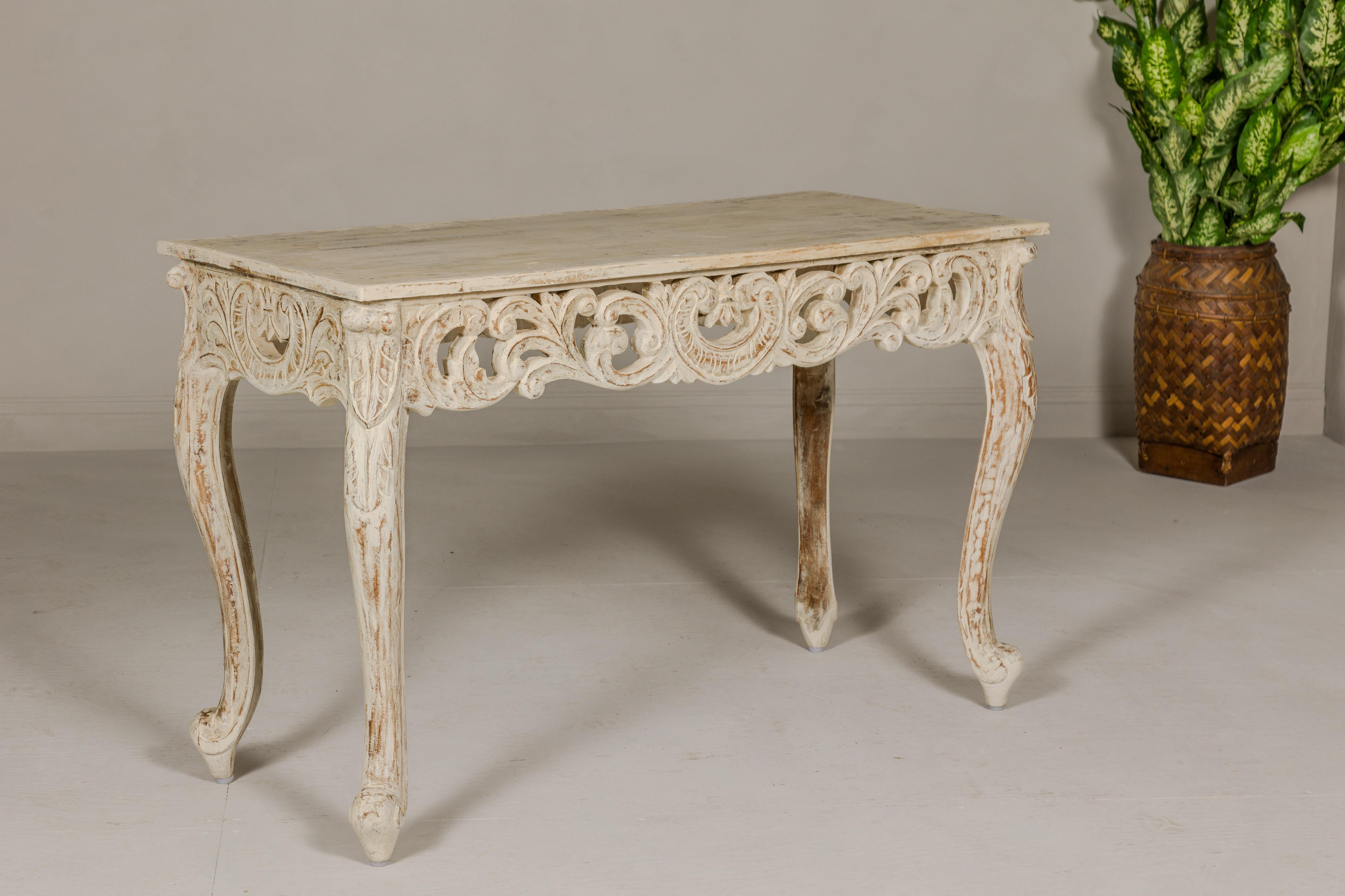 Rococo Style Painted Console Table with Carved Apron and Distressed Finish For Sale 9