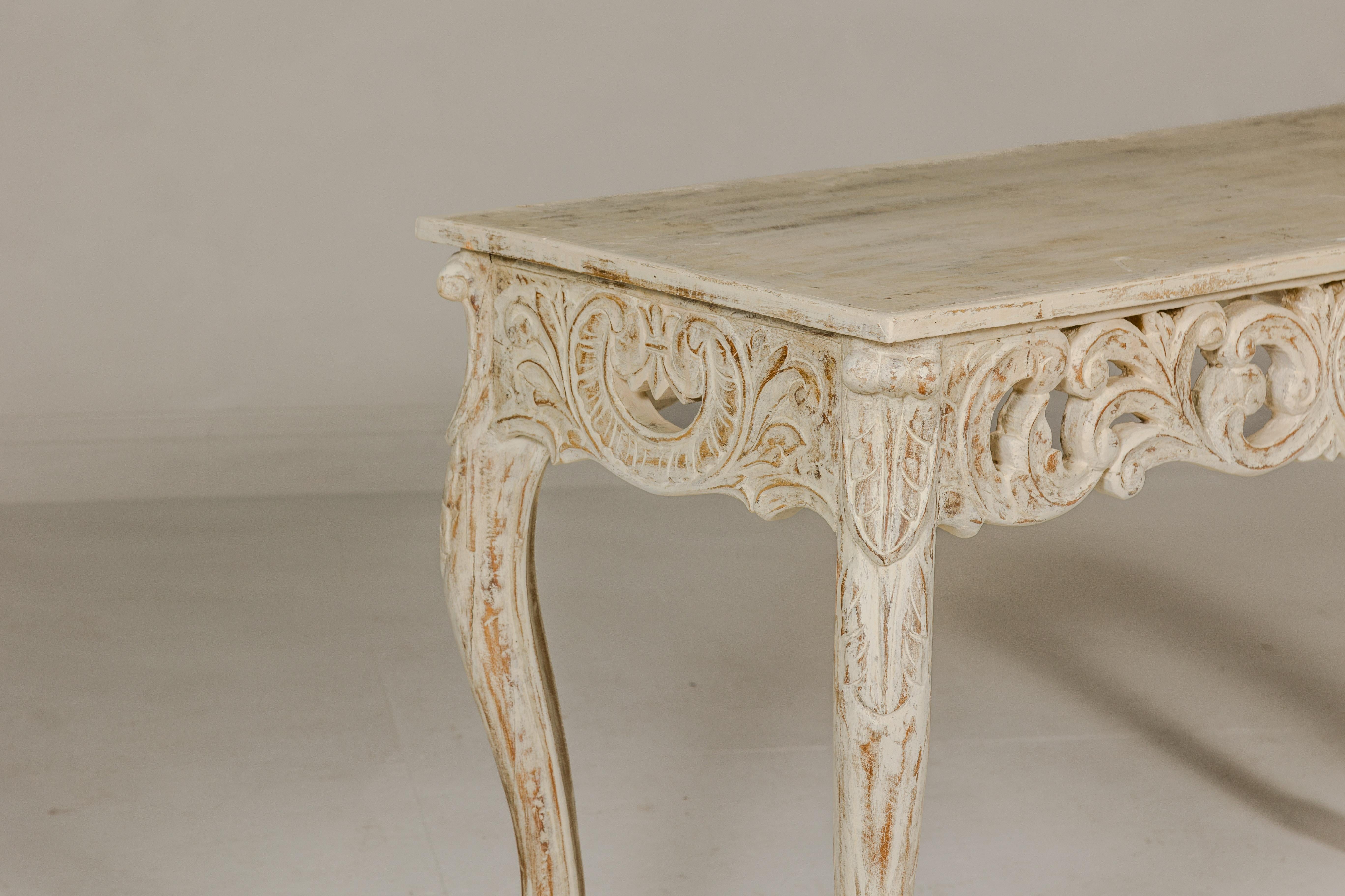 Rococo Style Painted Console Table with Carved Apron and Distressed Finish For Sale 10