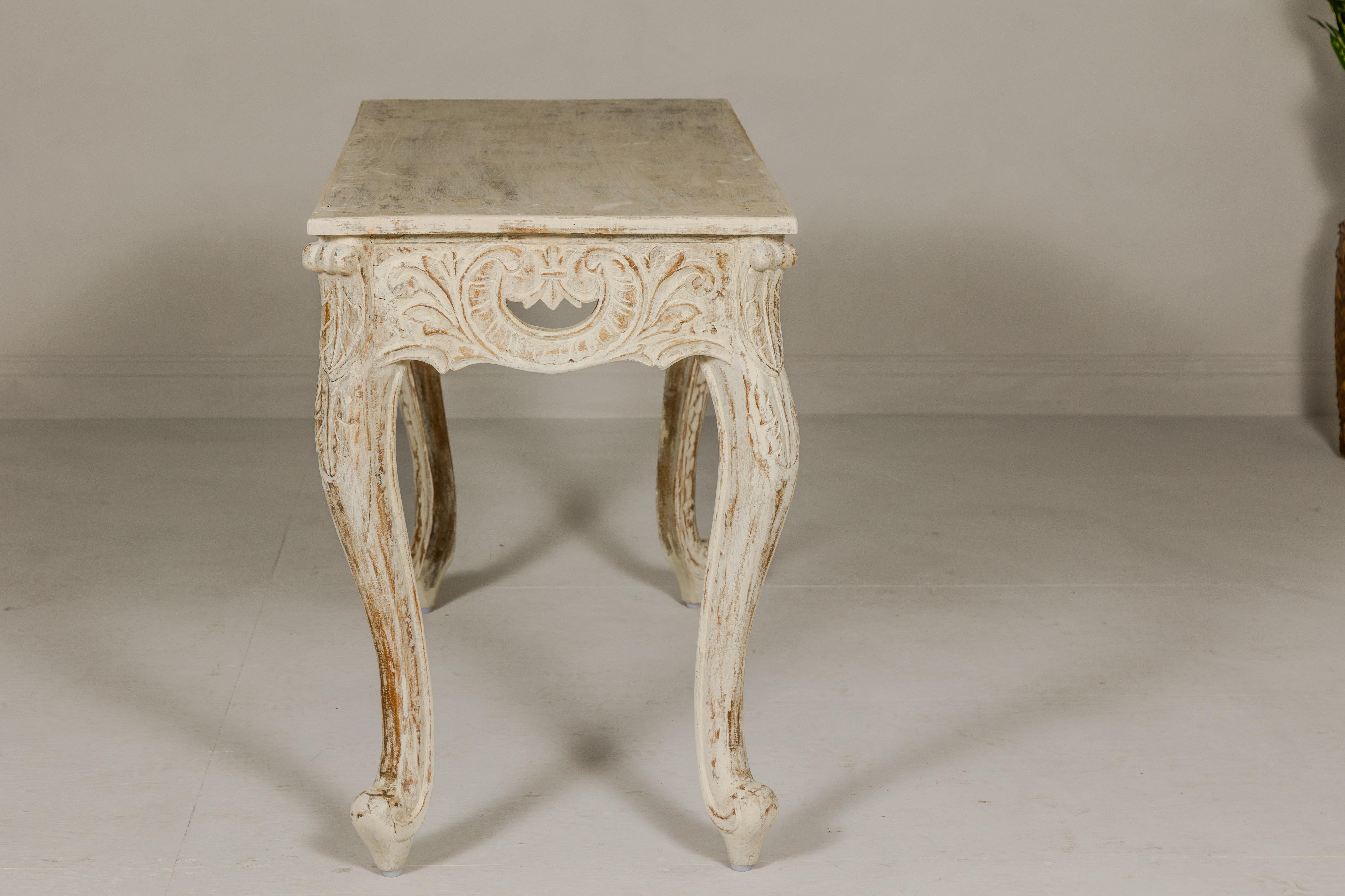Rococo Style Painted Console Table with Carved Apron and Distressed Finish For Sale 11