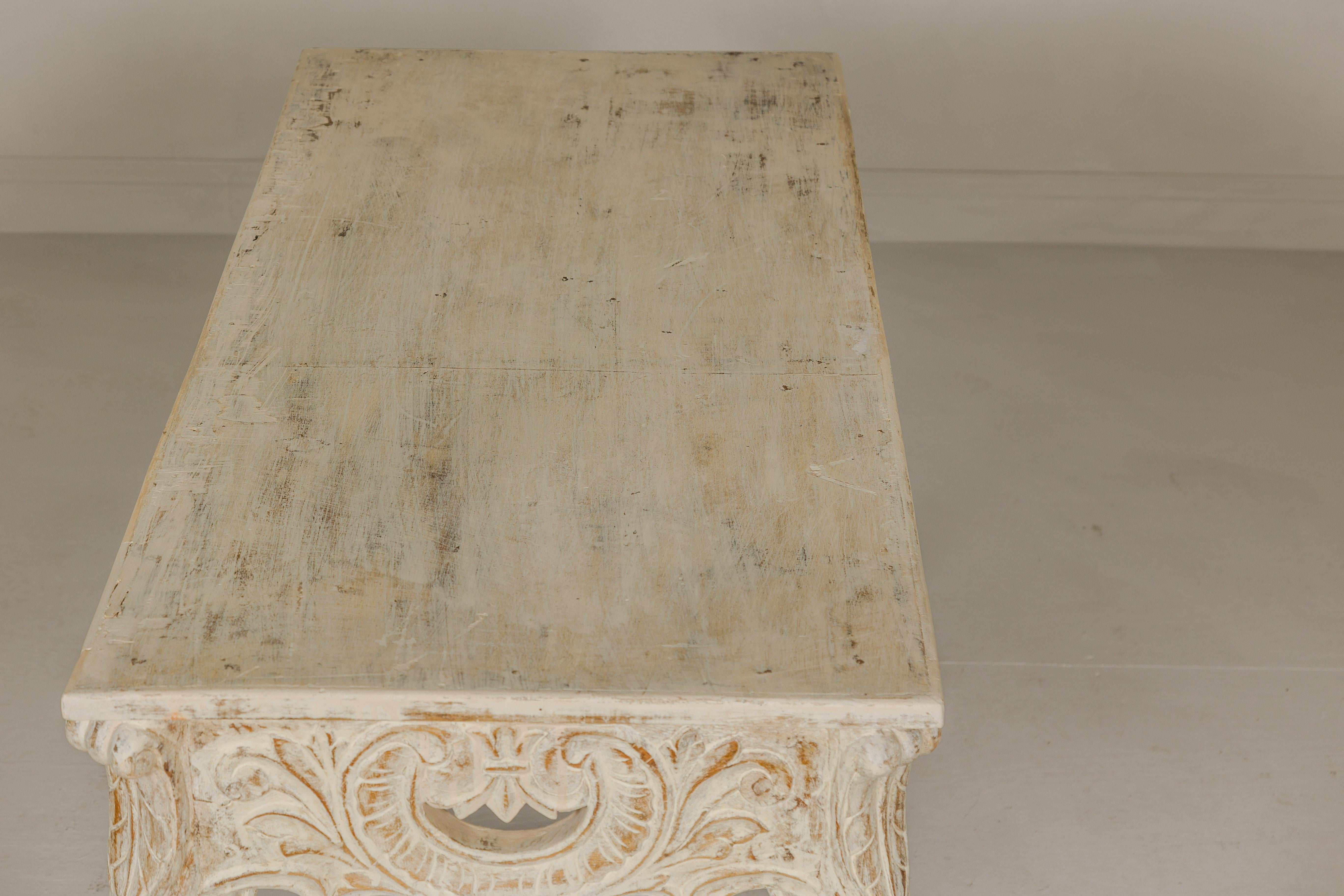 Rococo Style Painted Console Table with Carved Apron and Distressed Finish For Sale 12