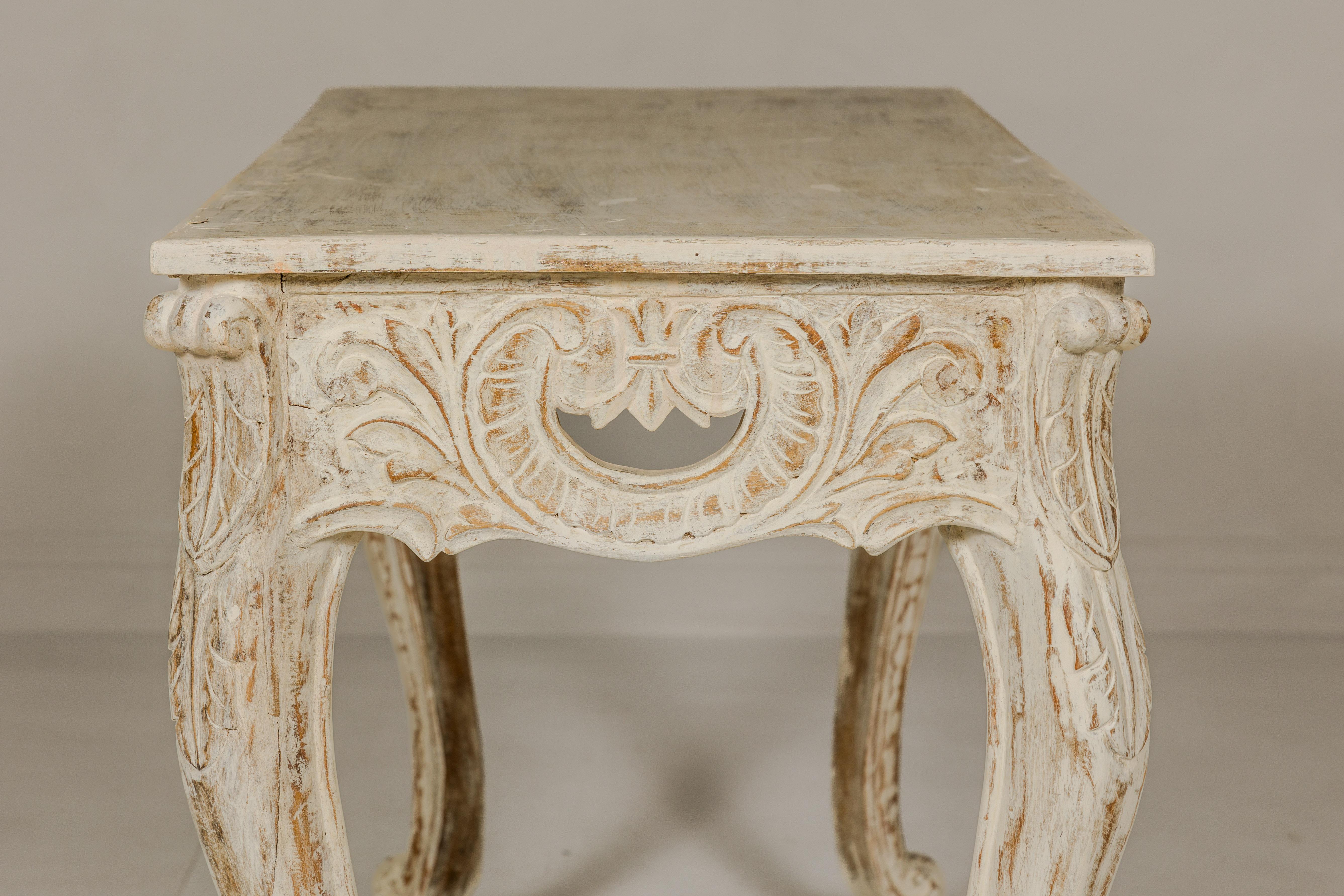 Rococo Style Painted Console Table with Carved Apron and Distressed Finish For Sale 13