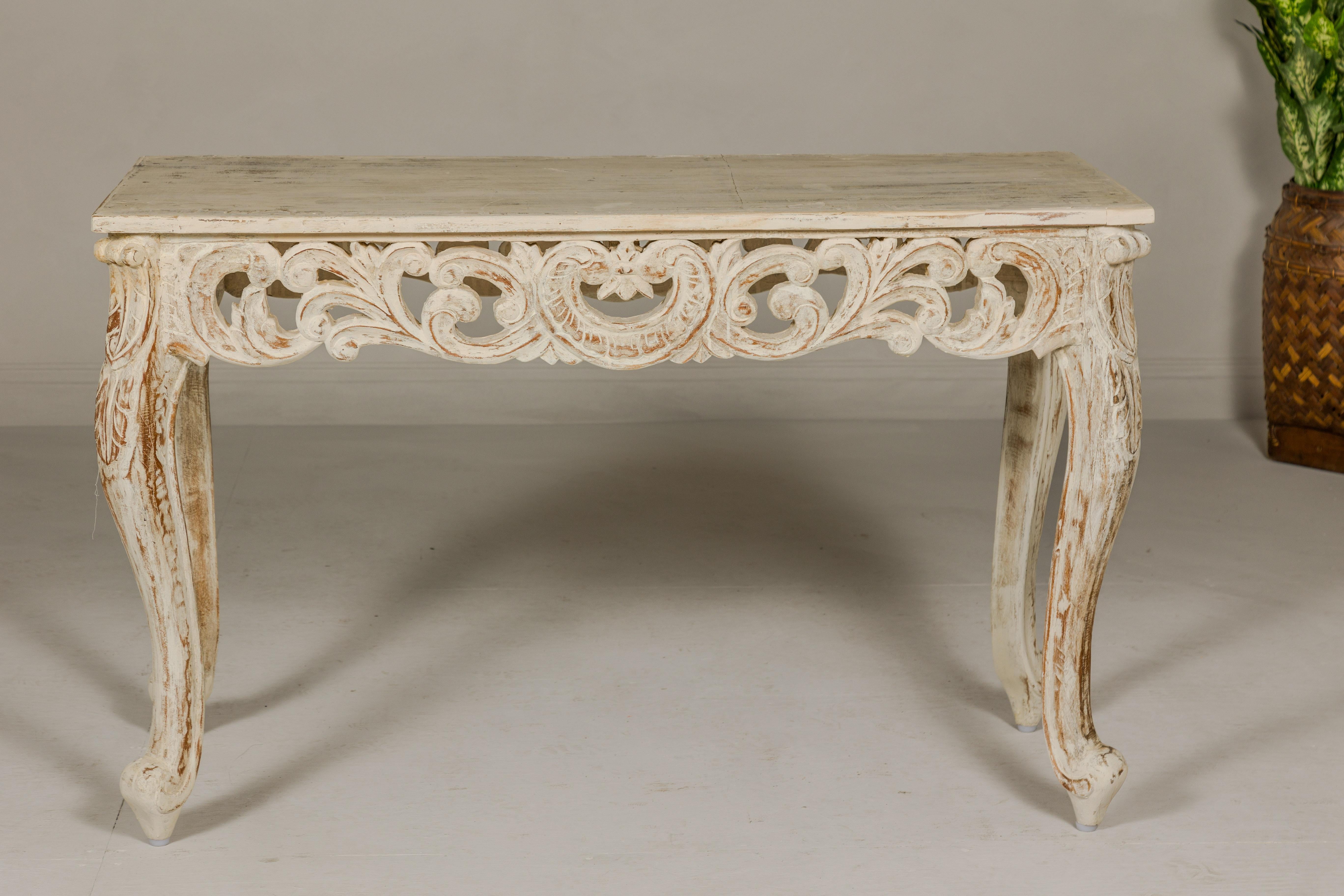 Rococo Style Painted Console Table with Carved Apron and Distressed Finish For Sale 14
