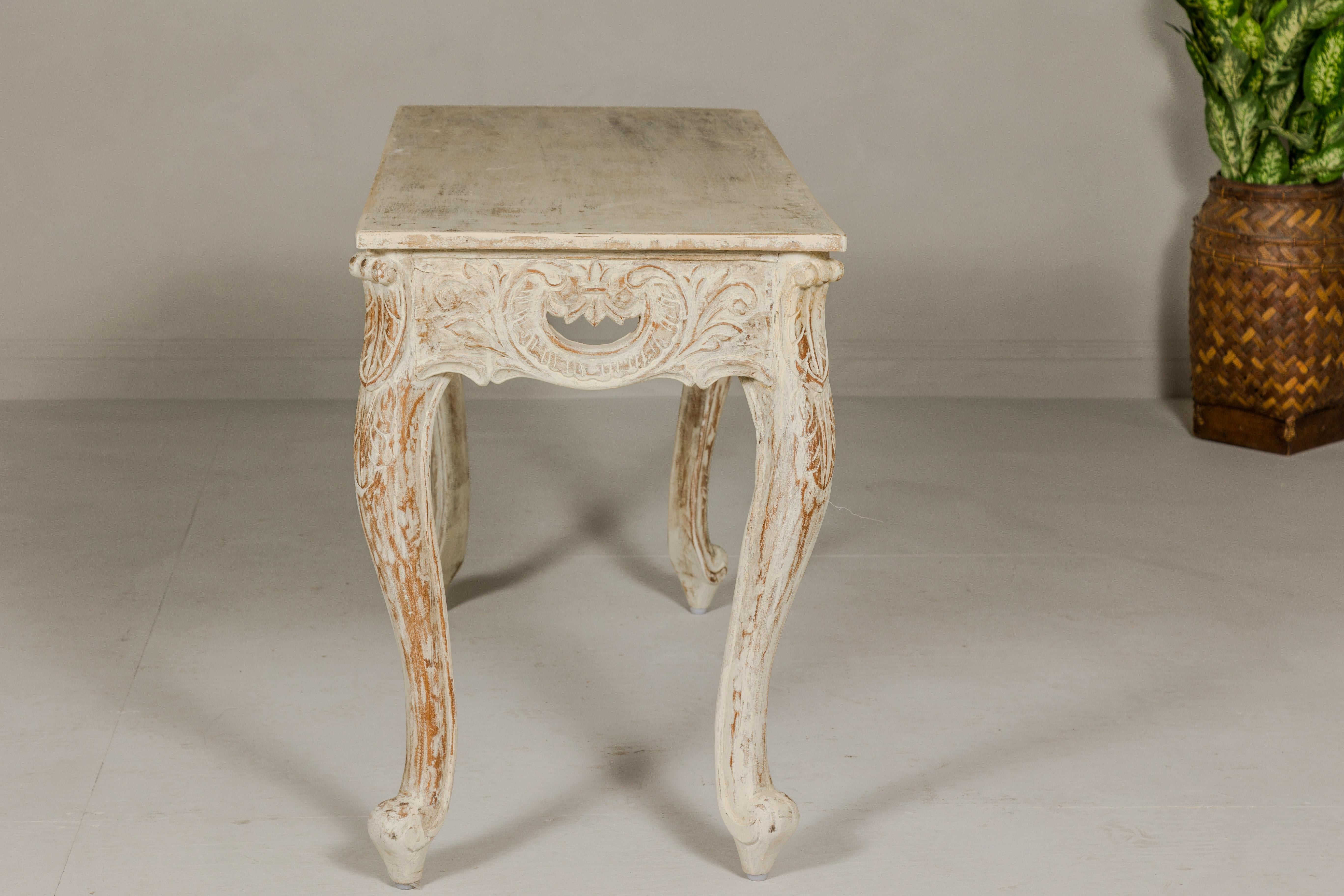 Rococo Style Painted Console Table with Carved Apron and Distressed Finish For Sale 15