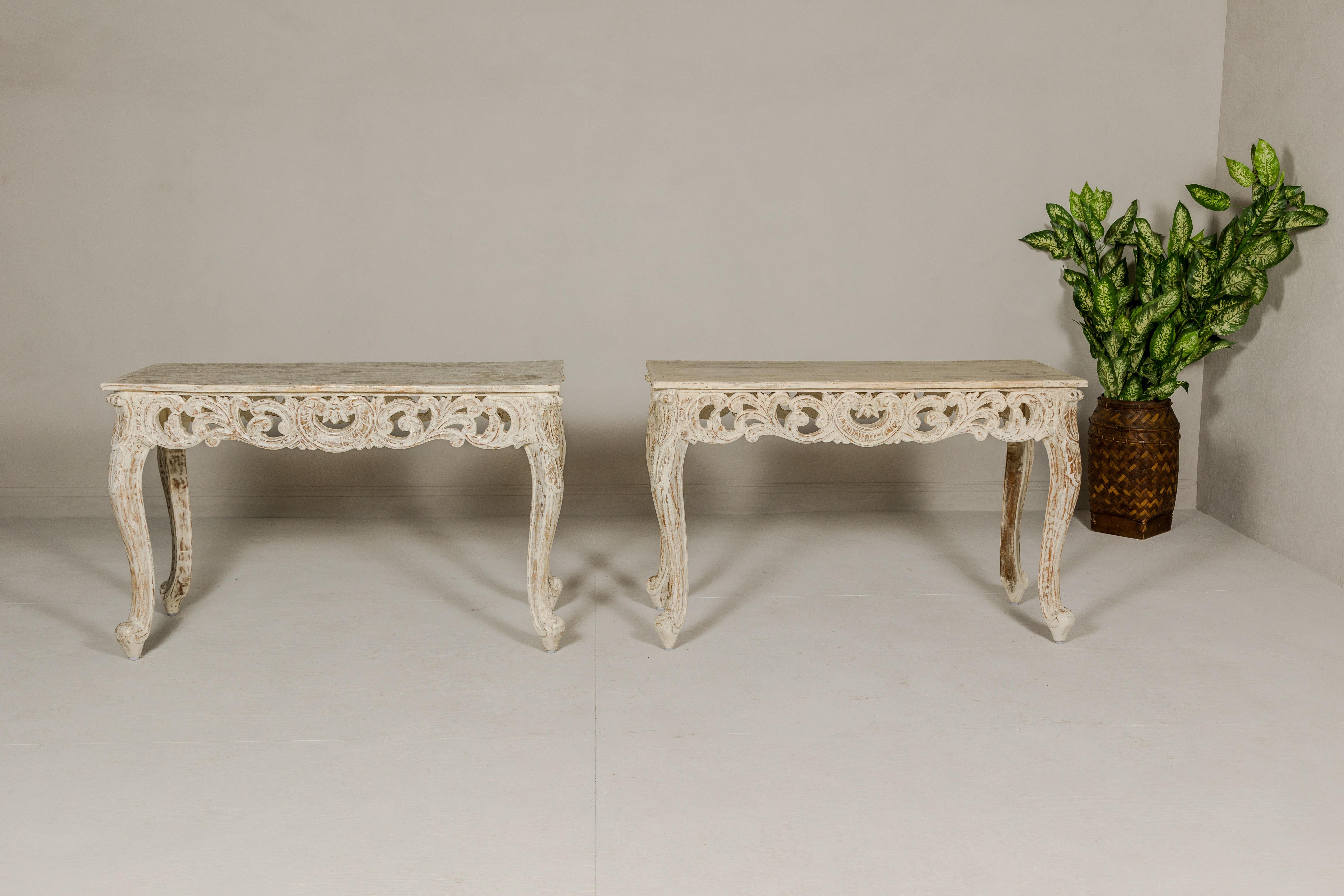 Rococo Style Painted Console Table with Carved Apron and Distressed Finish In Good Condition For Sale In Yonkers, NY