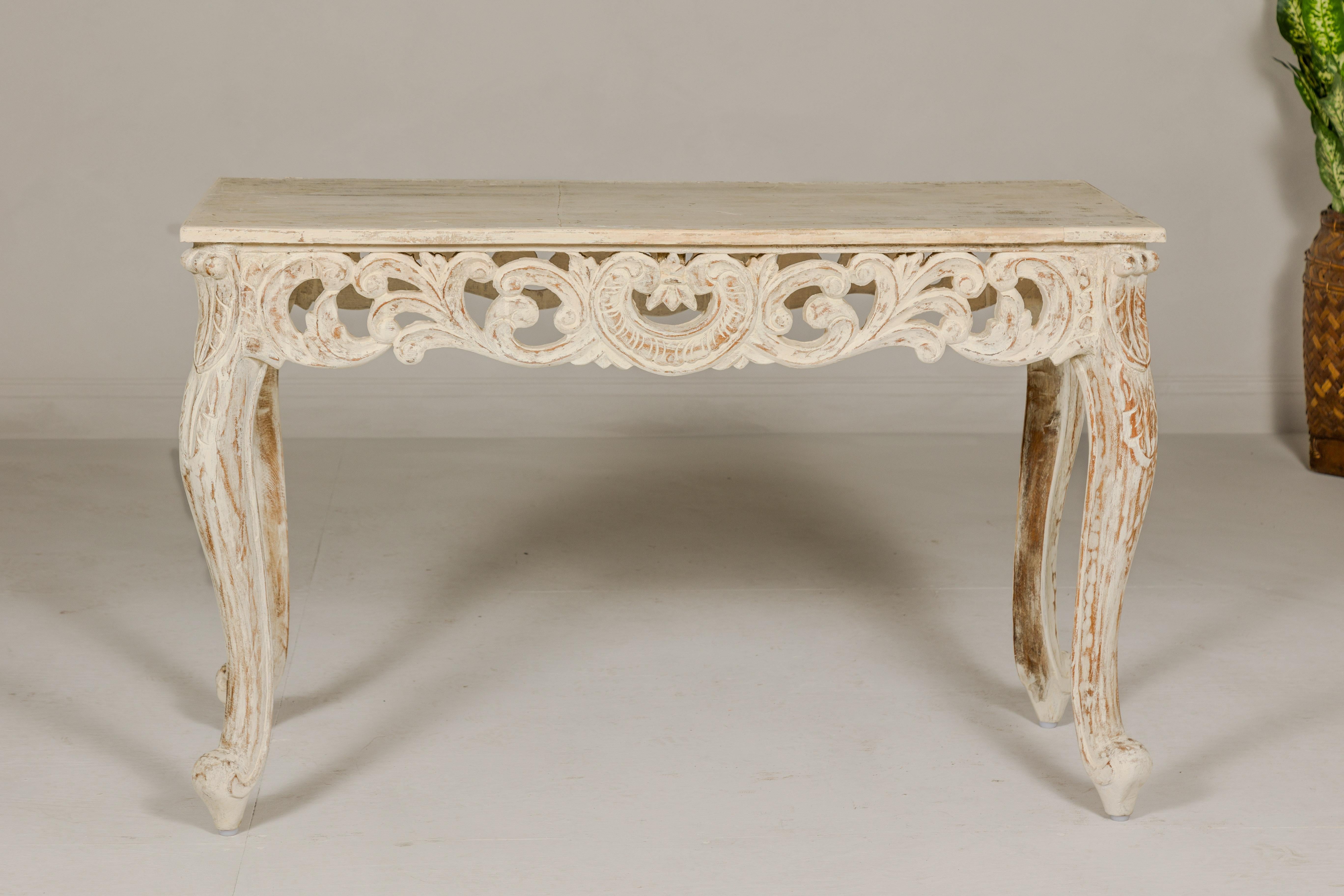 Contemporary Rococo Style Painted Console Table with Carved Apron and Distressed Finish For Sale