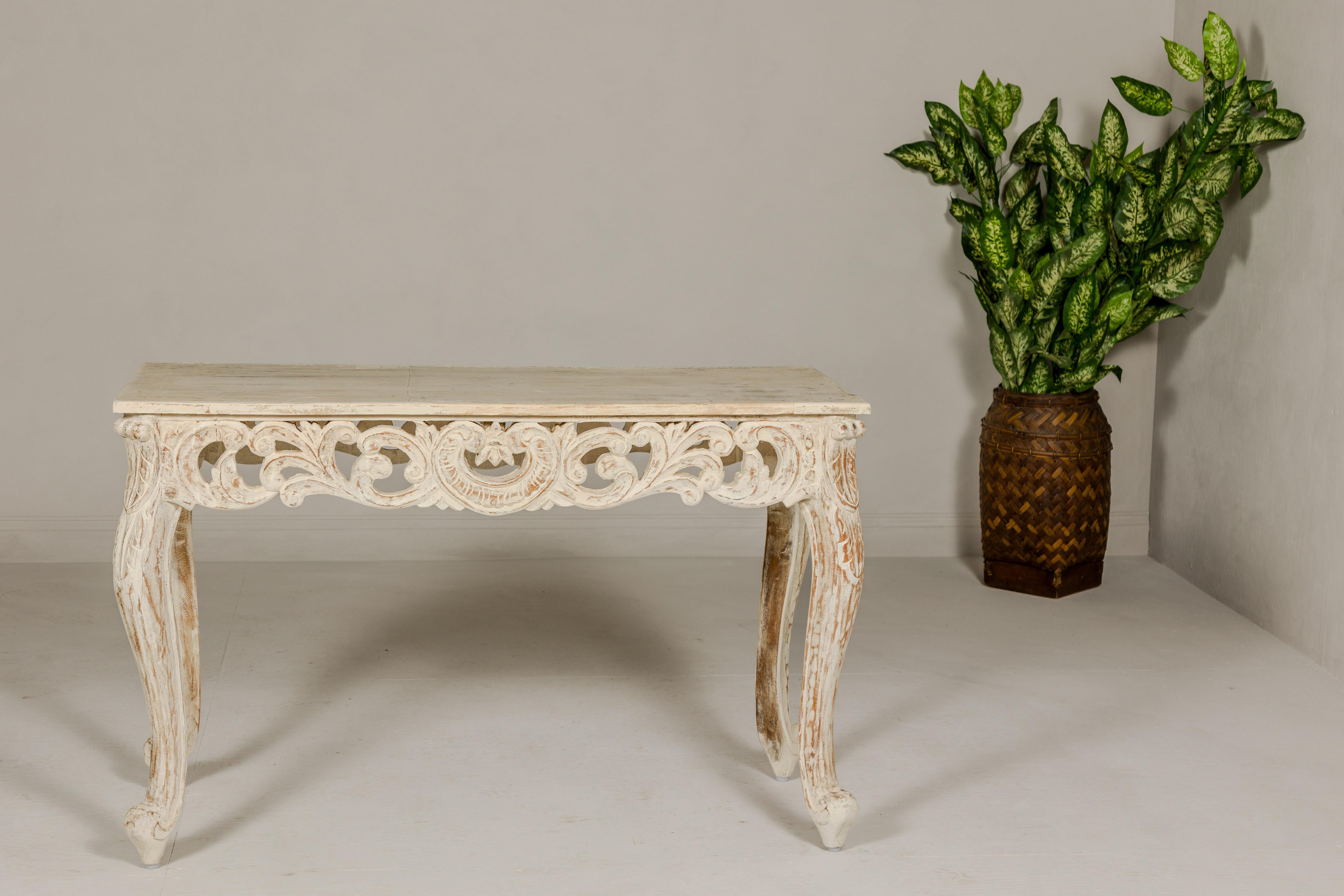 Wood Rococo Style Painted Console Table with Carved Apron and Distressed Finish For Sale