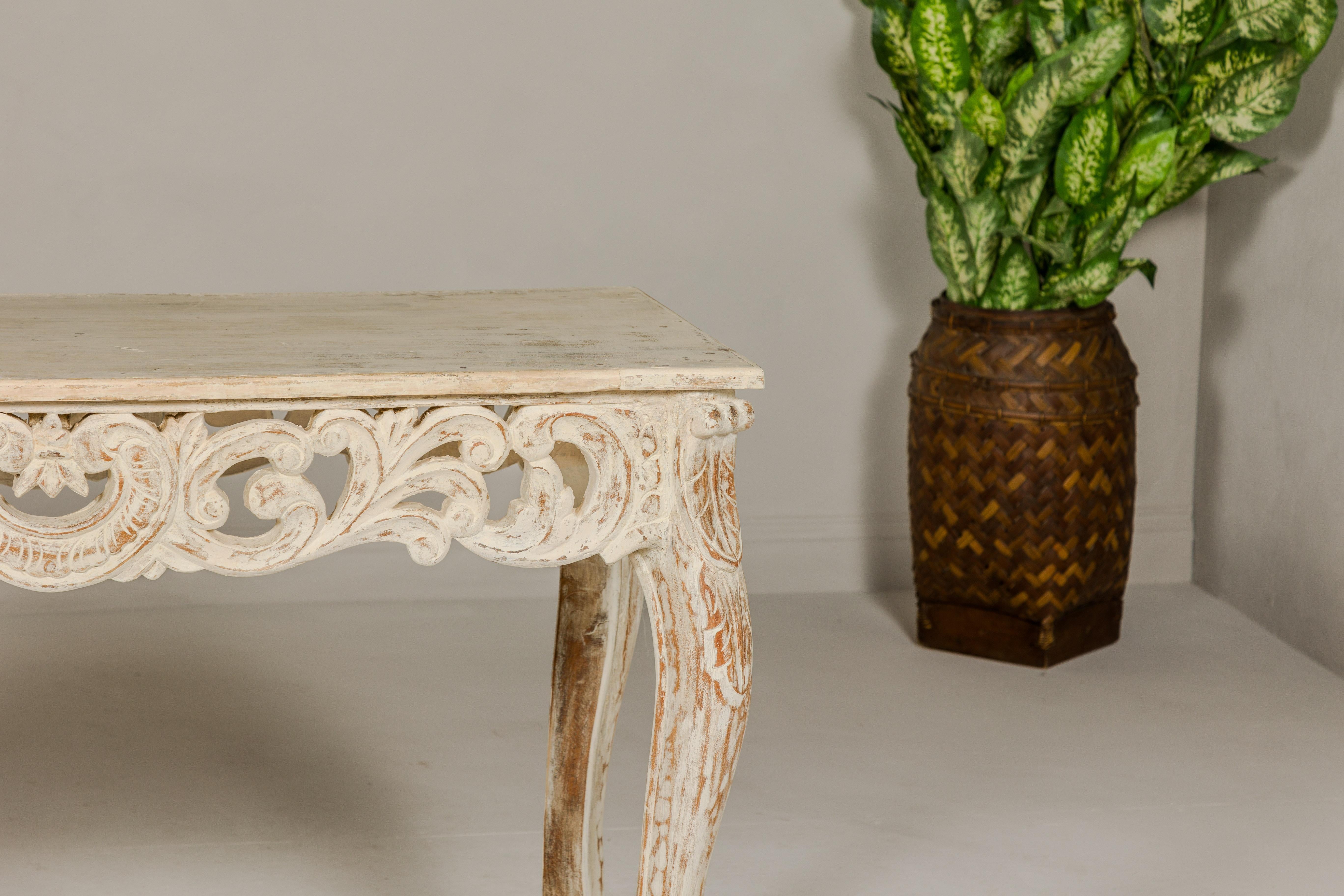 Rococo Style Painted Console Table with Carved Apron and Distressed Finish For Sale 2
