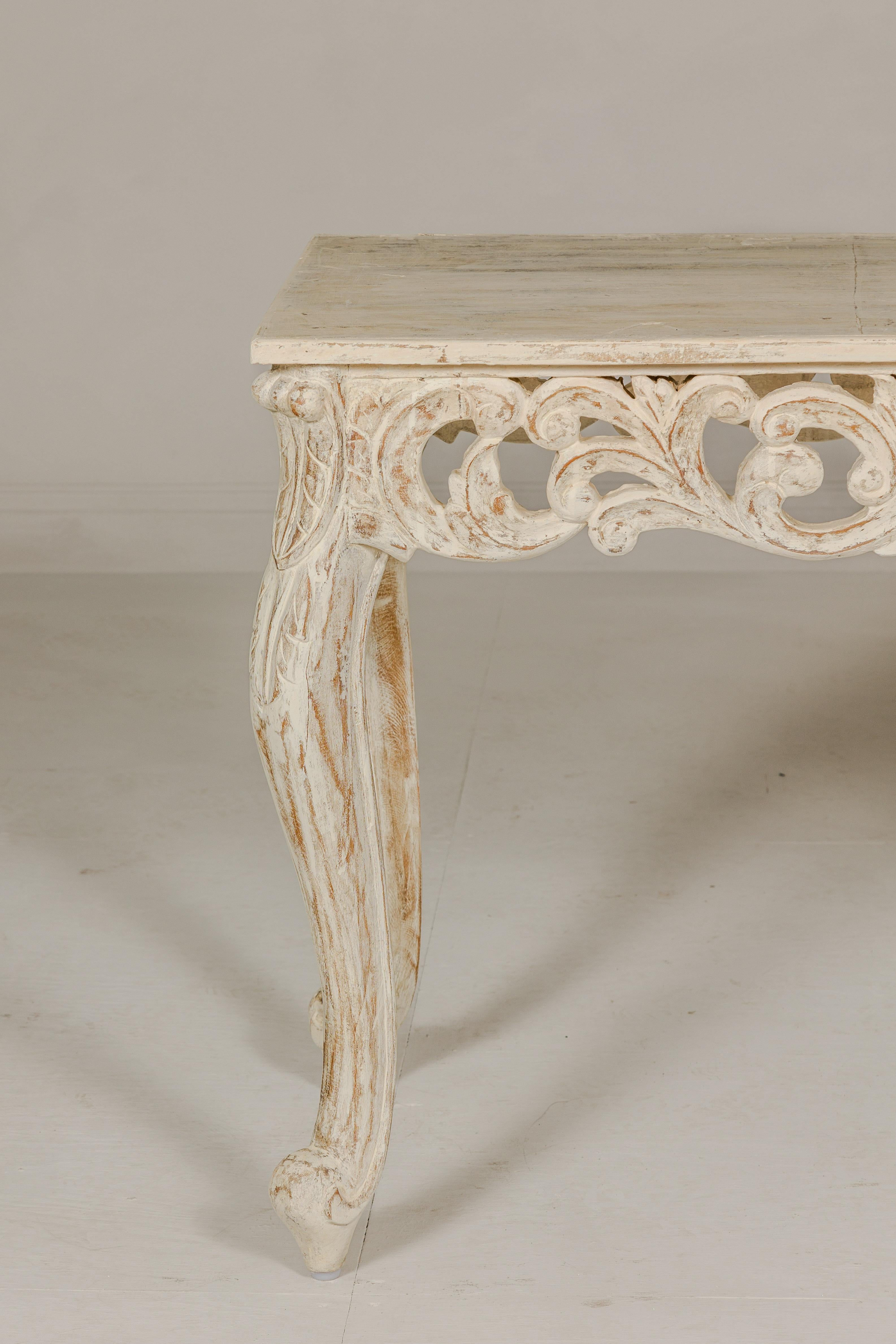 Rococo Style Painted Console Table with Carved Apron and Distressed Finish For Sale 3
