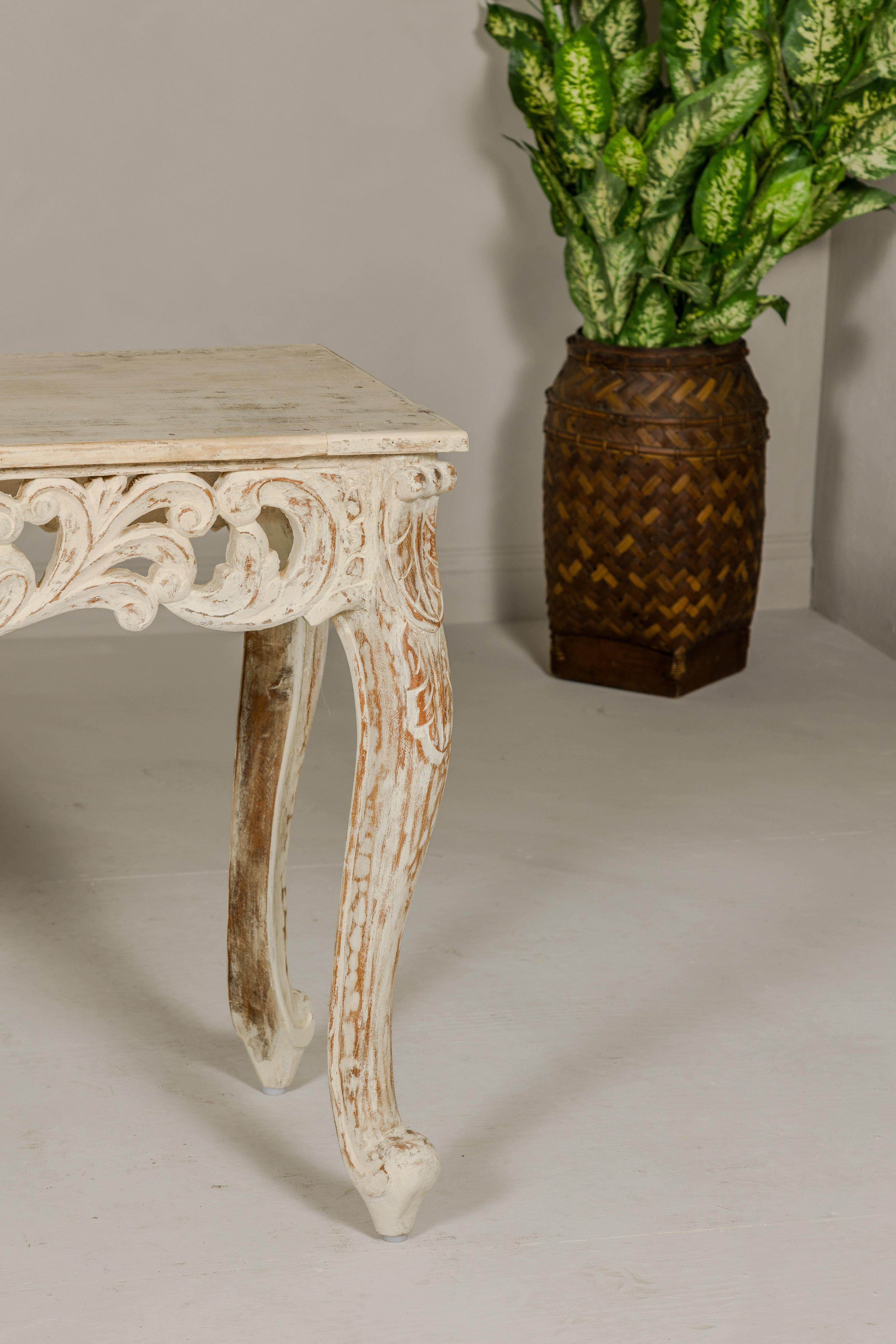 Rococo Style Painted Console Table with Carved Apron and Distressed Finish For Sale 4