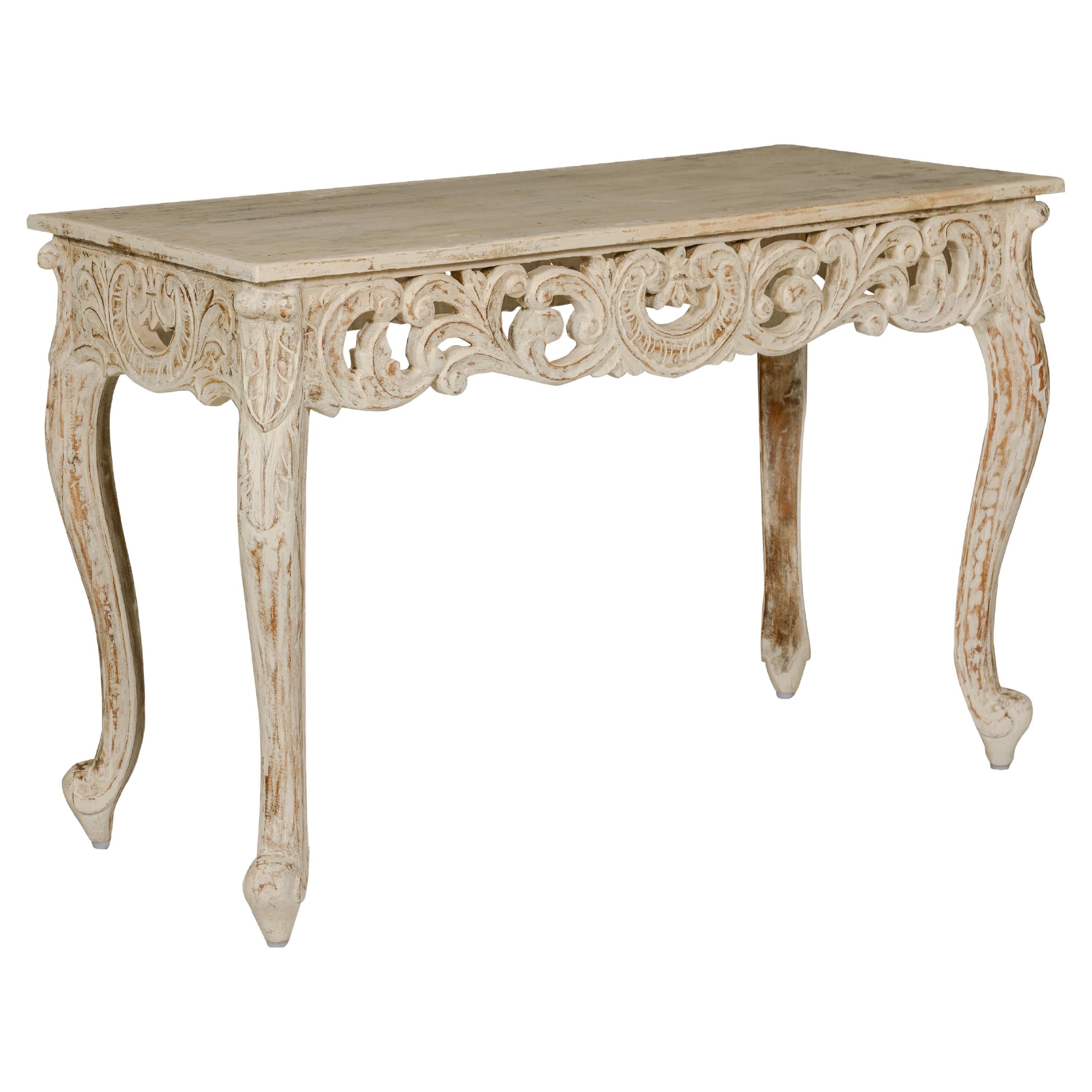Rococo Style Painted Console Table with Carved Apron and Distressed Finish For Sale