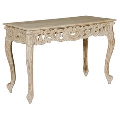 Used Rococo Style Painted Console Table with Carved Apron and Distressed Finish