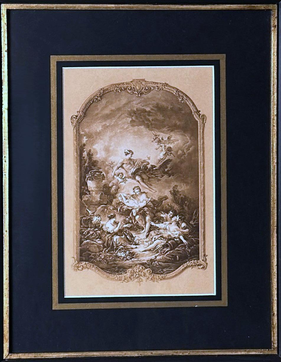 Rococo Style Pair Of French Lithographs With Italian Wooden Frames  Gold Accents For Sale 5
