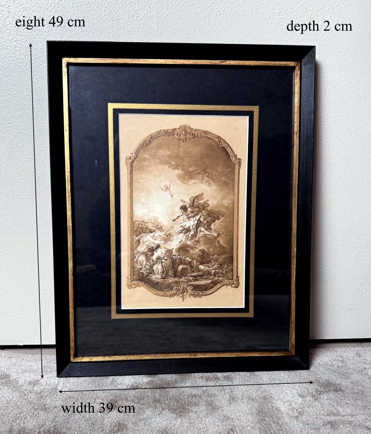 Rococo Style Pair Of French Lithographs With Italian Wooden Frames  Gold Accents For Sale 13