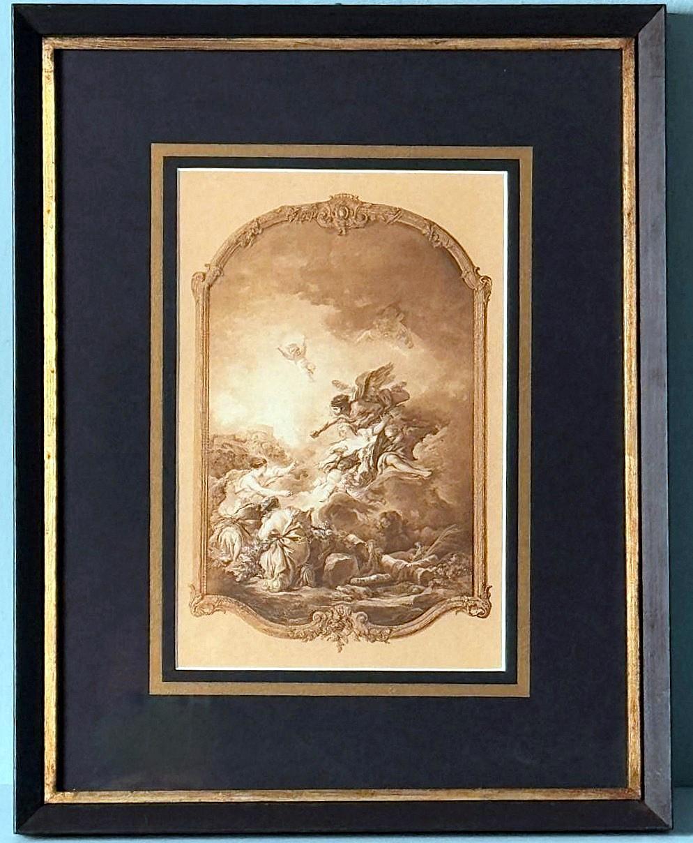 Hand-Crafted Rococo Style Pair Of French Lithographs With Italian Wooden Frames  Gold Accents For Sale