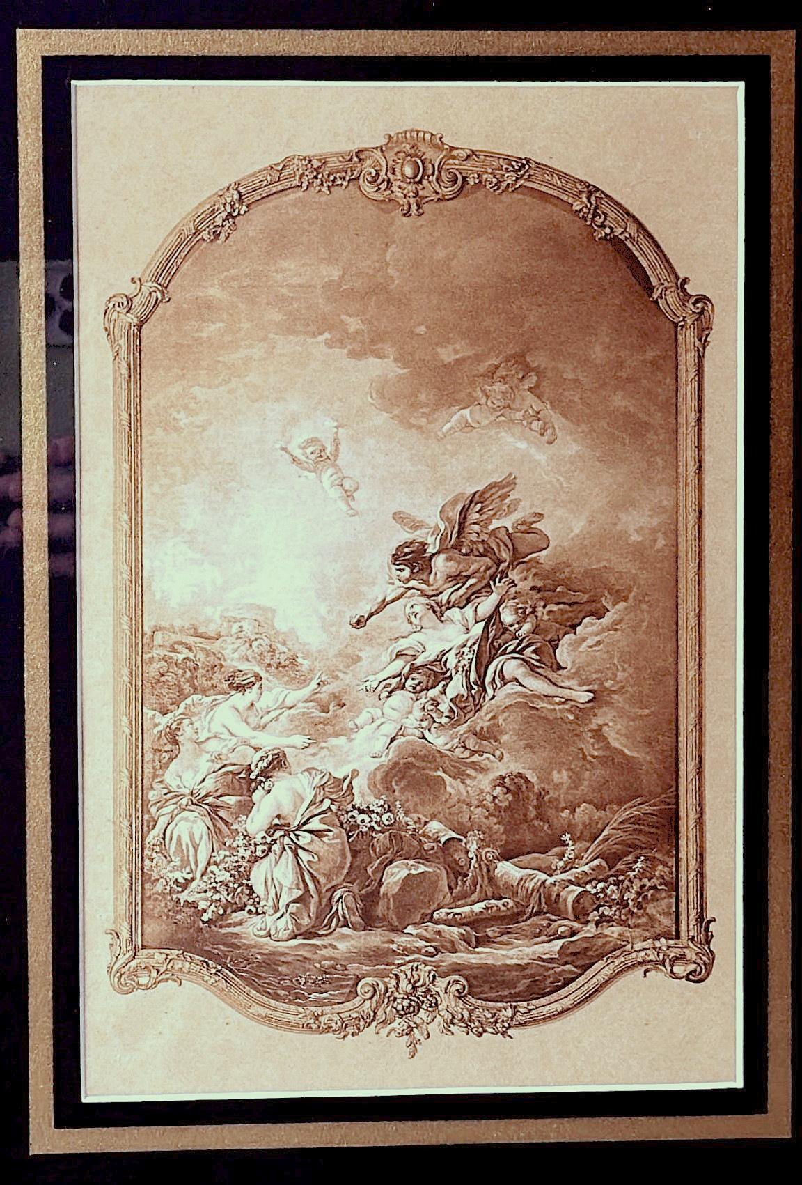 19th Century Rococo Style Pair Of French Lithographs With Italian Wooden Frames  Gold Accents For Sale