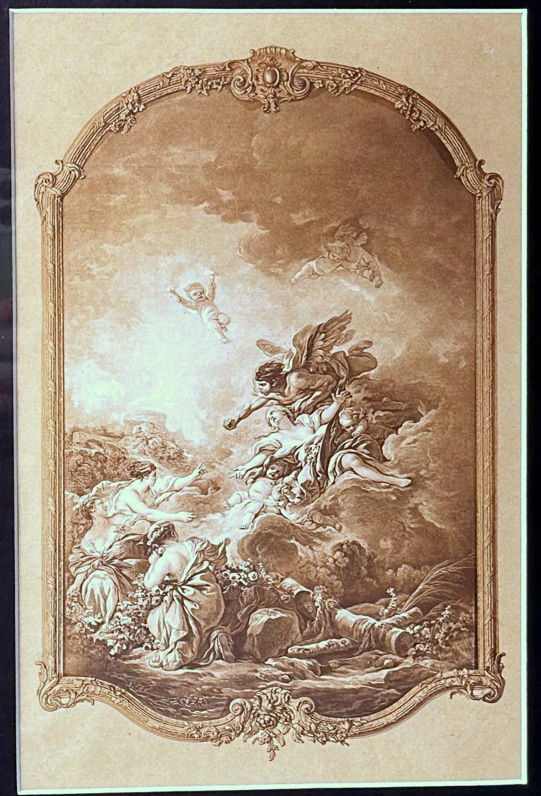 Rococo Style Pair Of French Lithographs With Italian Wooden Frames  Gold Accents For Sale 1
